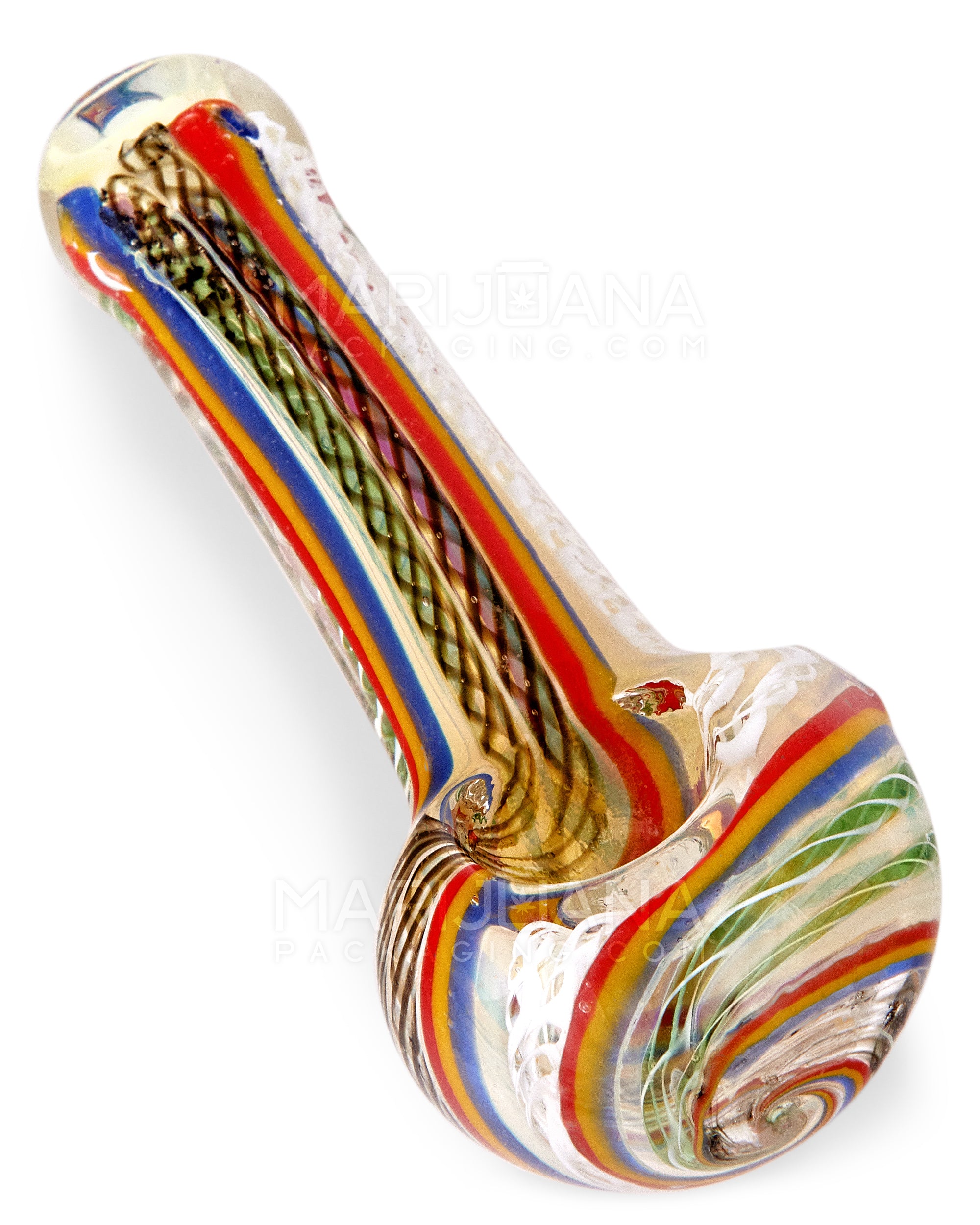 Ribboned & Multi Fumed Spoon Hand Pipe w/ Stripes | 4in Long - Glass - Assorted - 8