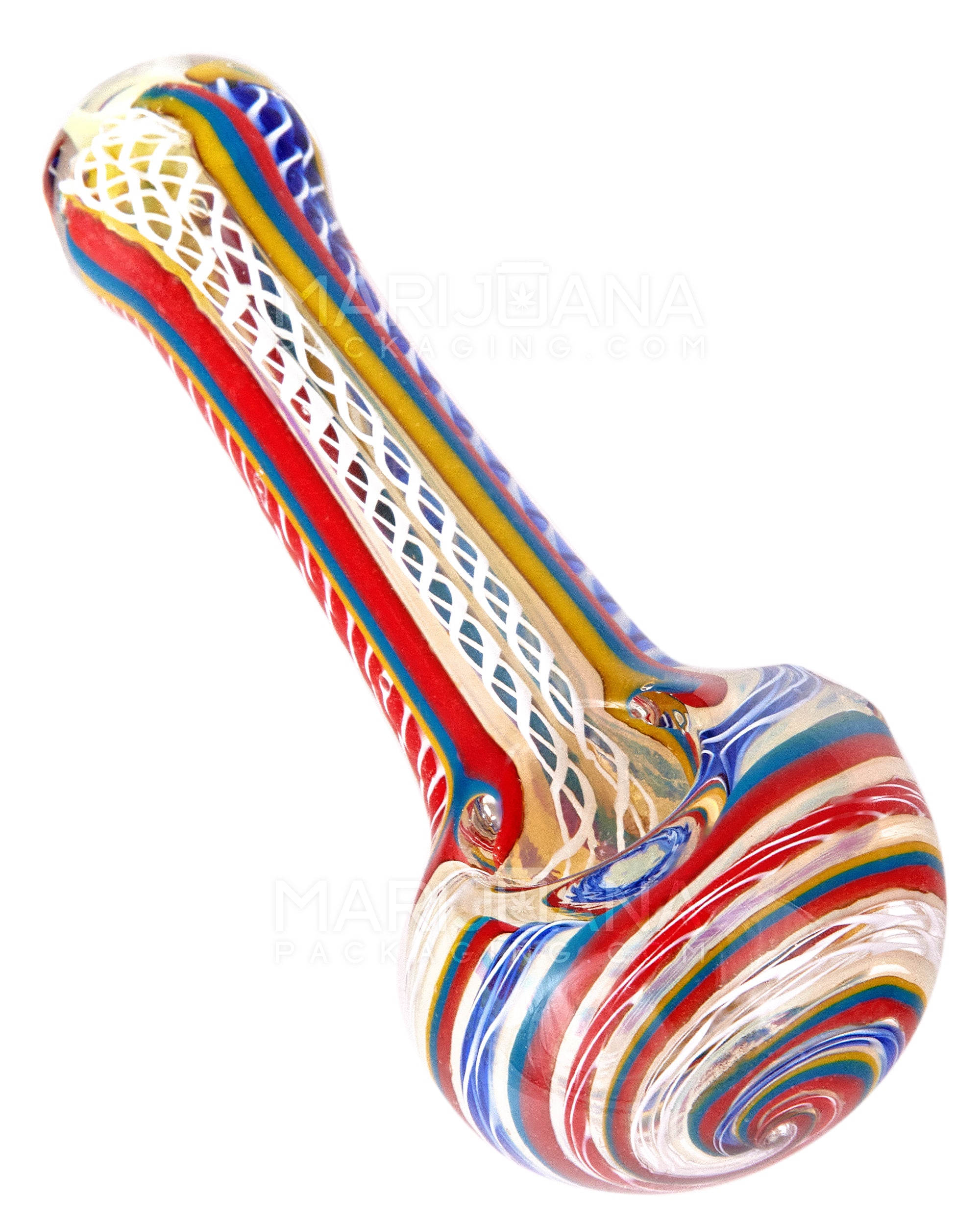 Ribboned & Multi Fumed Spoon Hand Pipe w/ Stripes | 4in Long - Glass - Assorted - 9