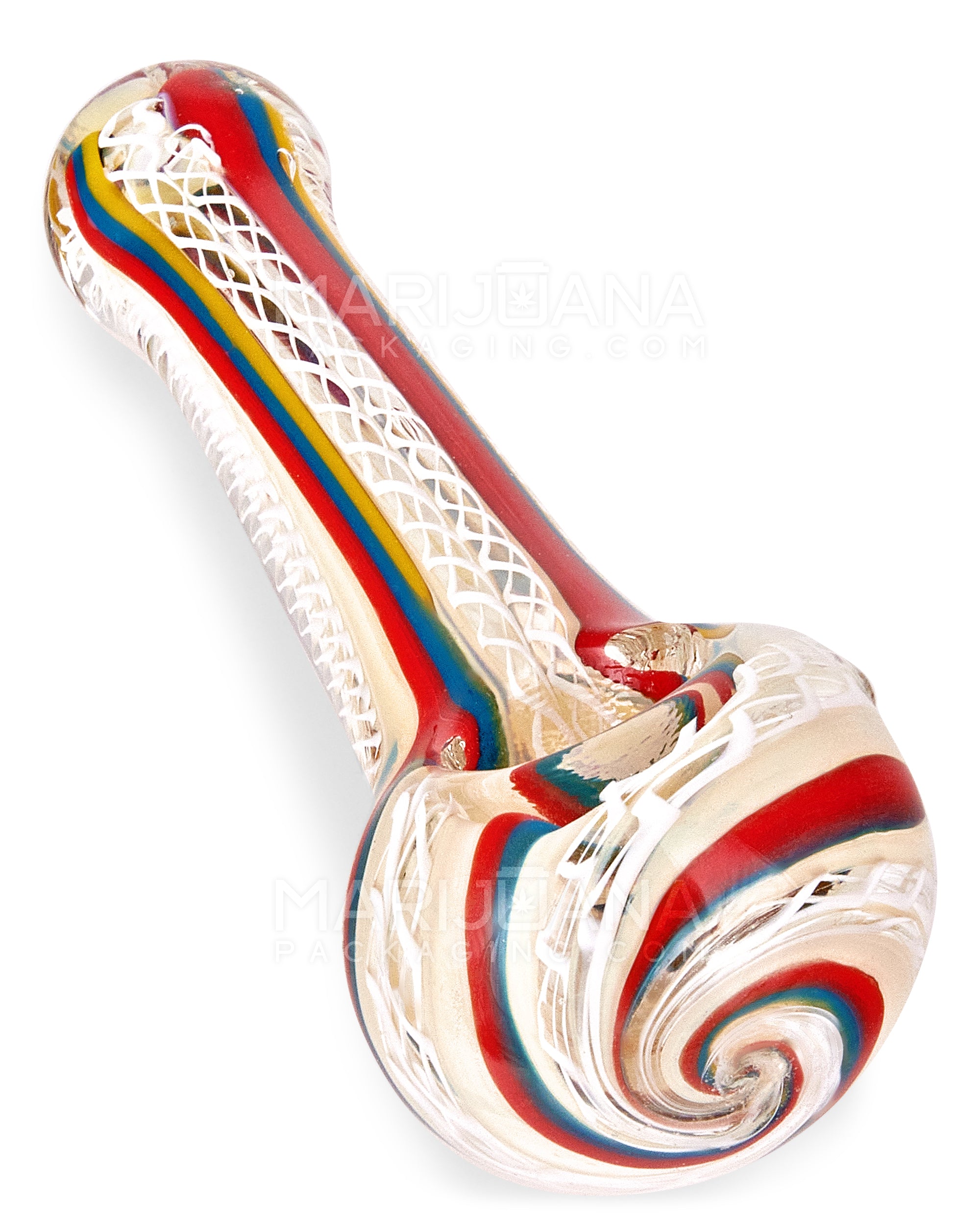 Ribboned & Multi Fumed Spoon Hand Pipe w/ Stripes | 4in Long - Glass - Assorted - 11