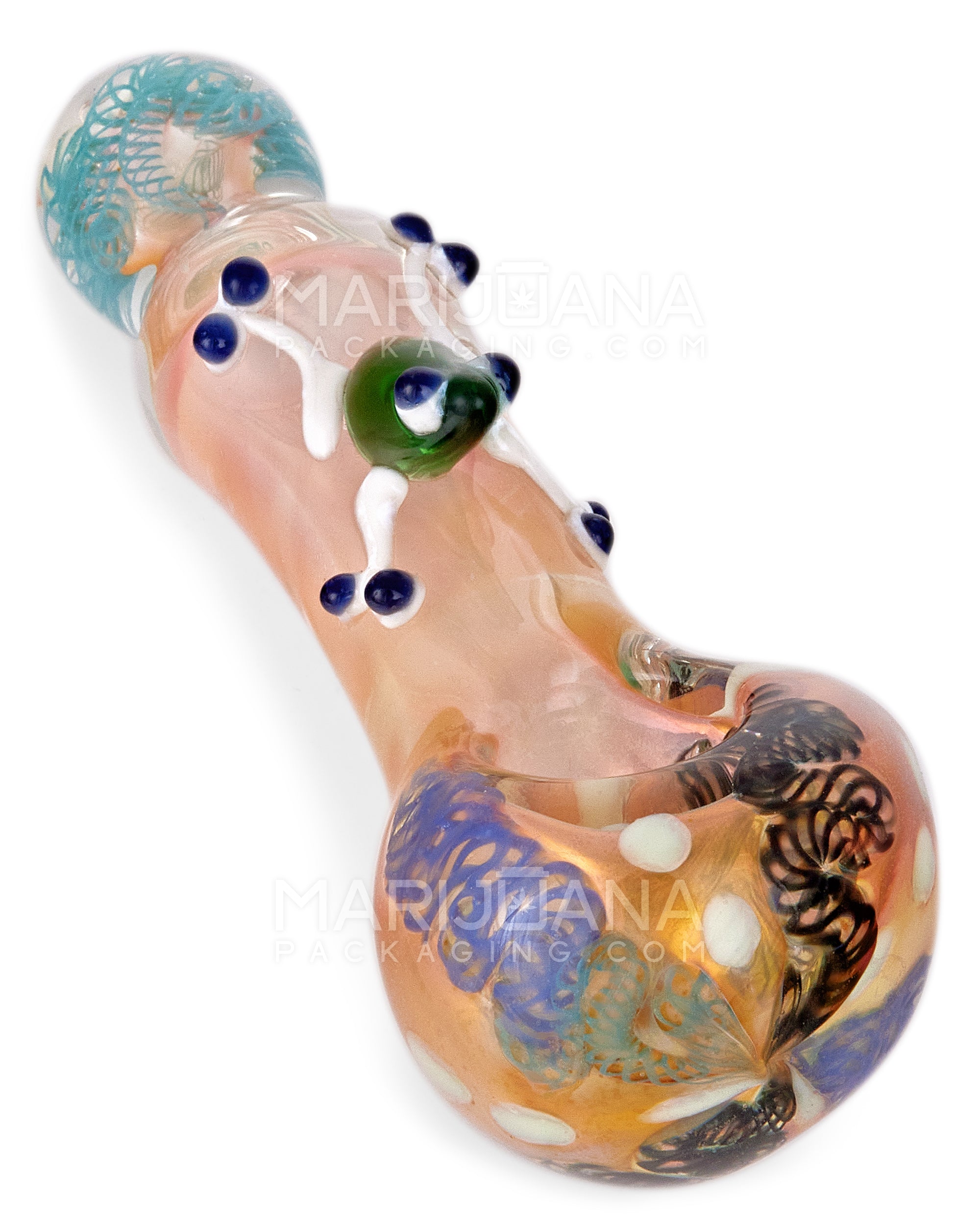 Ribboned & Mixed Fumed Bulged Spoon Hand Pipe w/ Glass Frog | 5.5in Long - Thick Glass - Assorted - 1
