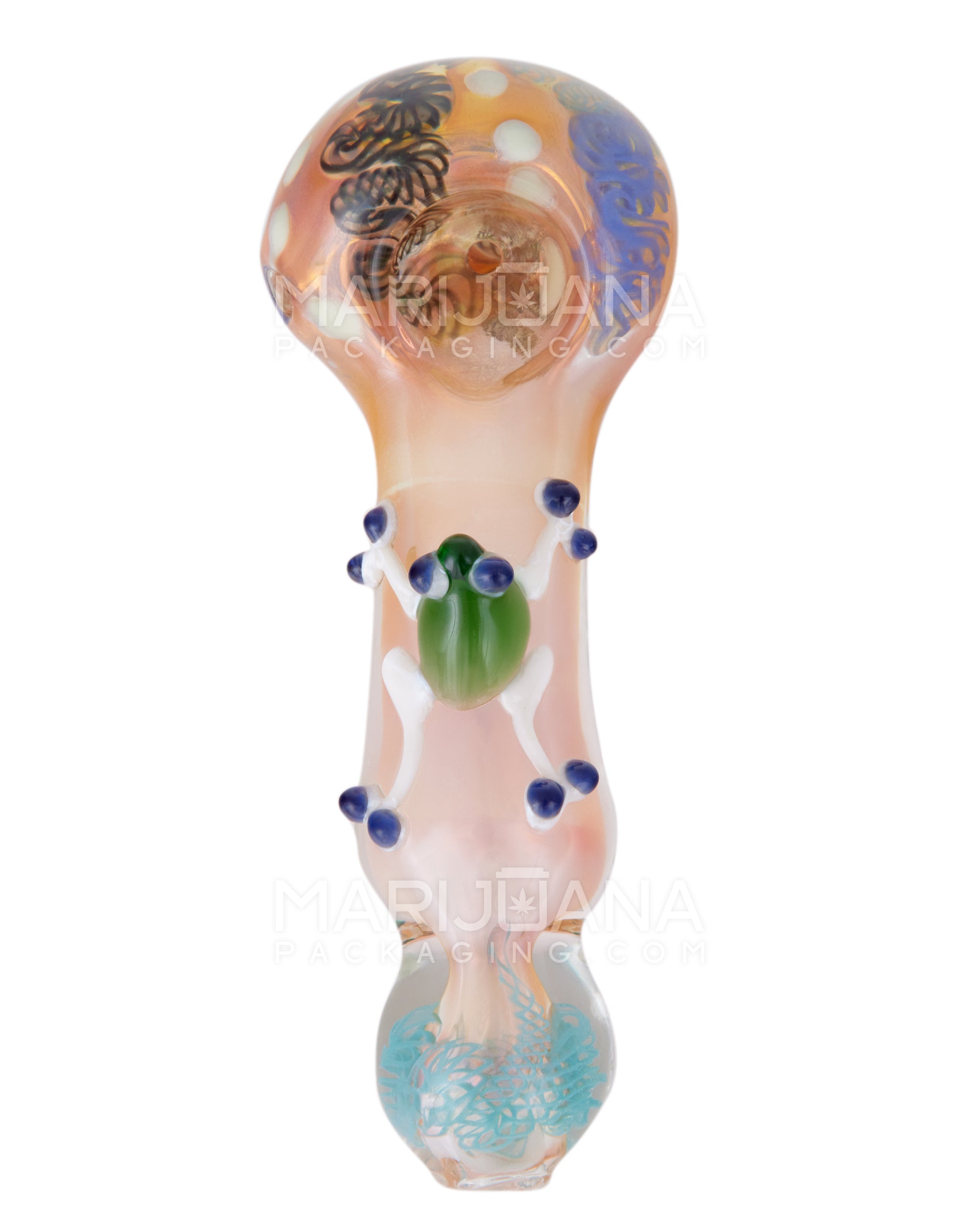 Ribboned & Mixed Fumed Bulged Spoon Hand Pipe w/ Glass Frog | 5.5in Long - Thick Glass - Assorted - 2