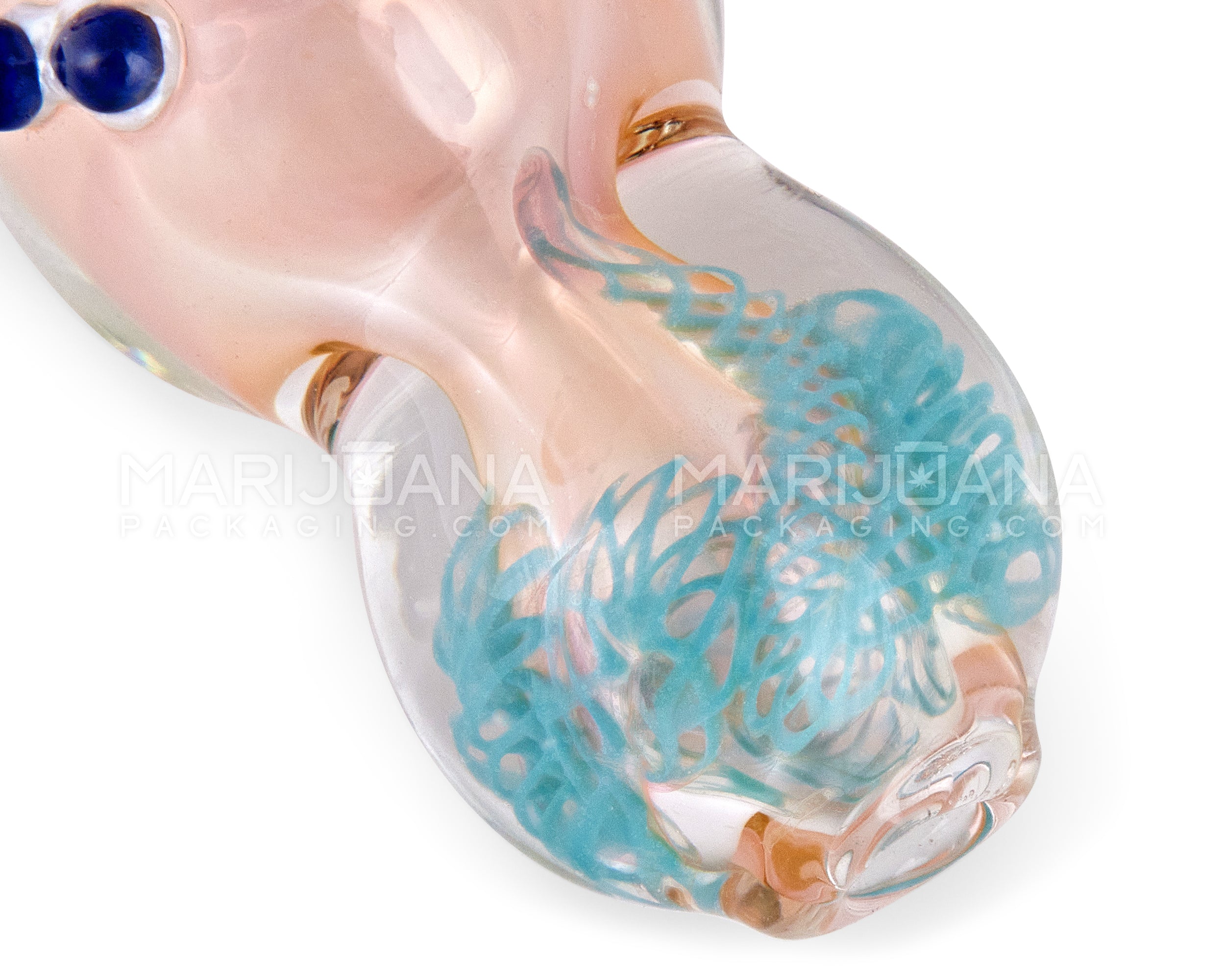 Ribboned & Mixed Fumed Bulged Spoon Hand Pipe w/ Glass Frog | 5.5in Long - Thick Glass - Assorted - 5