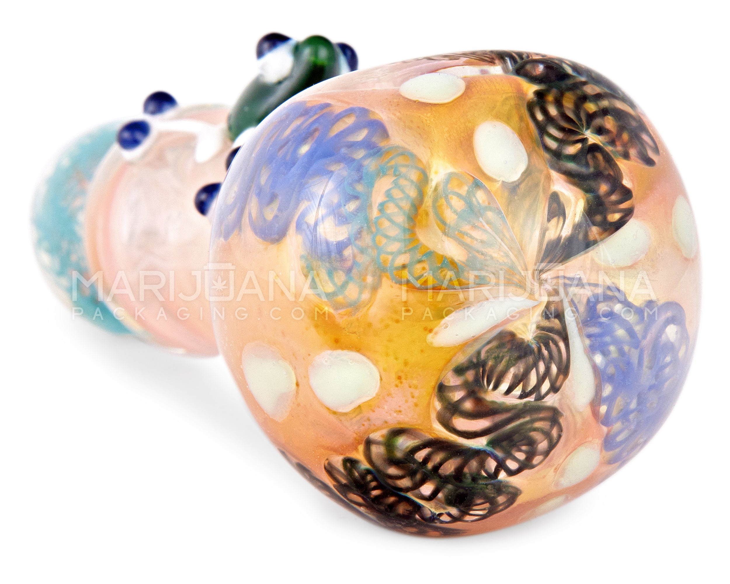 Ribboned & Mixed Fumed Bulged Spoon Hand Pipe w/ Glass Frog | 5.5in Long - Thick Glass - Assorted - 4