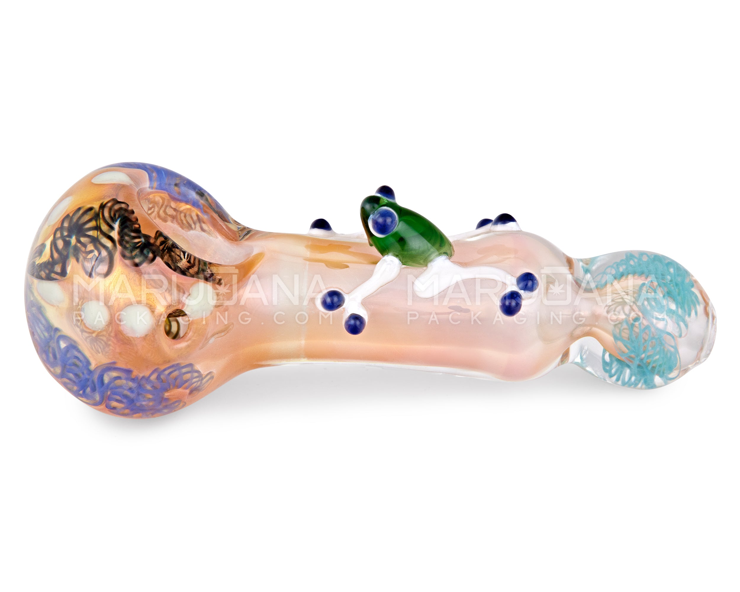 Ribboned & Mixed Fumed Bulged Spoon Hand Pipe w/ Glass Frog | 5.5in Long - Thick Glass - Assorted - 6