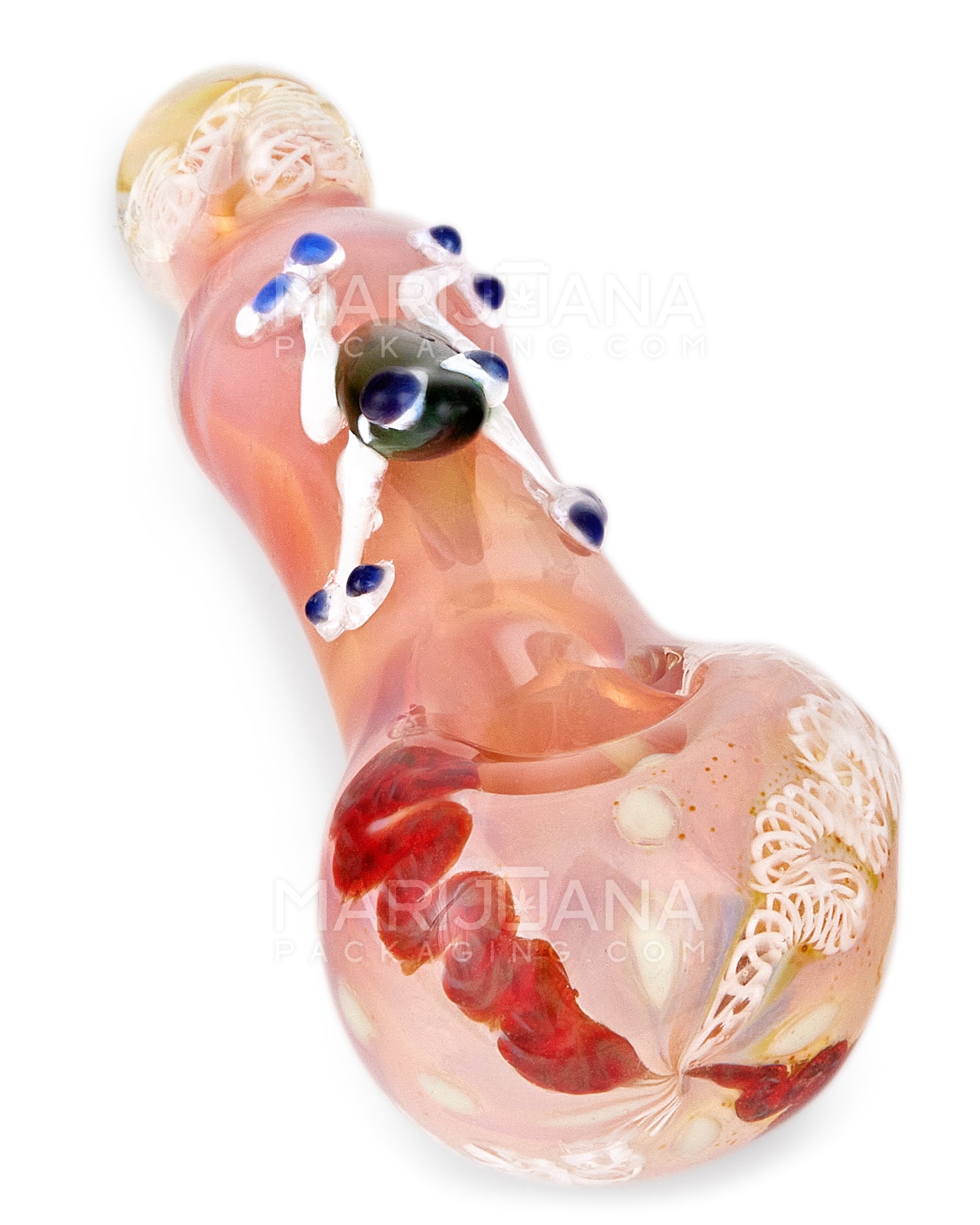 Ribboned & Mixed Fumed Bulged Spoon Hand Pipe w/ Glass Frog | 5.5in Long - Thick Glass - Assorted - 7