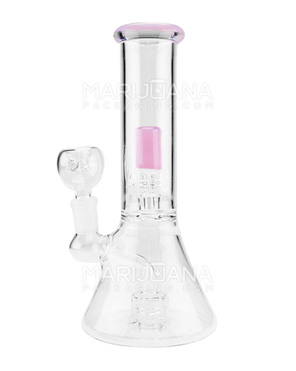 Double Chamber | Straight Neck Showerhead Perc Glass Beaker Water Pipe | 8.5in Tall - 14mm Bowl - Pink - 3