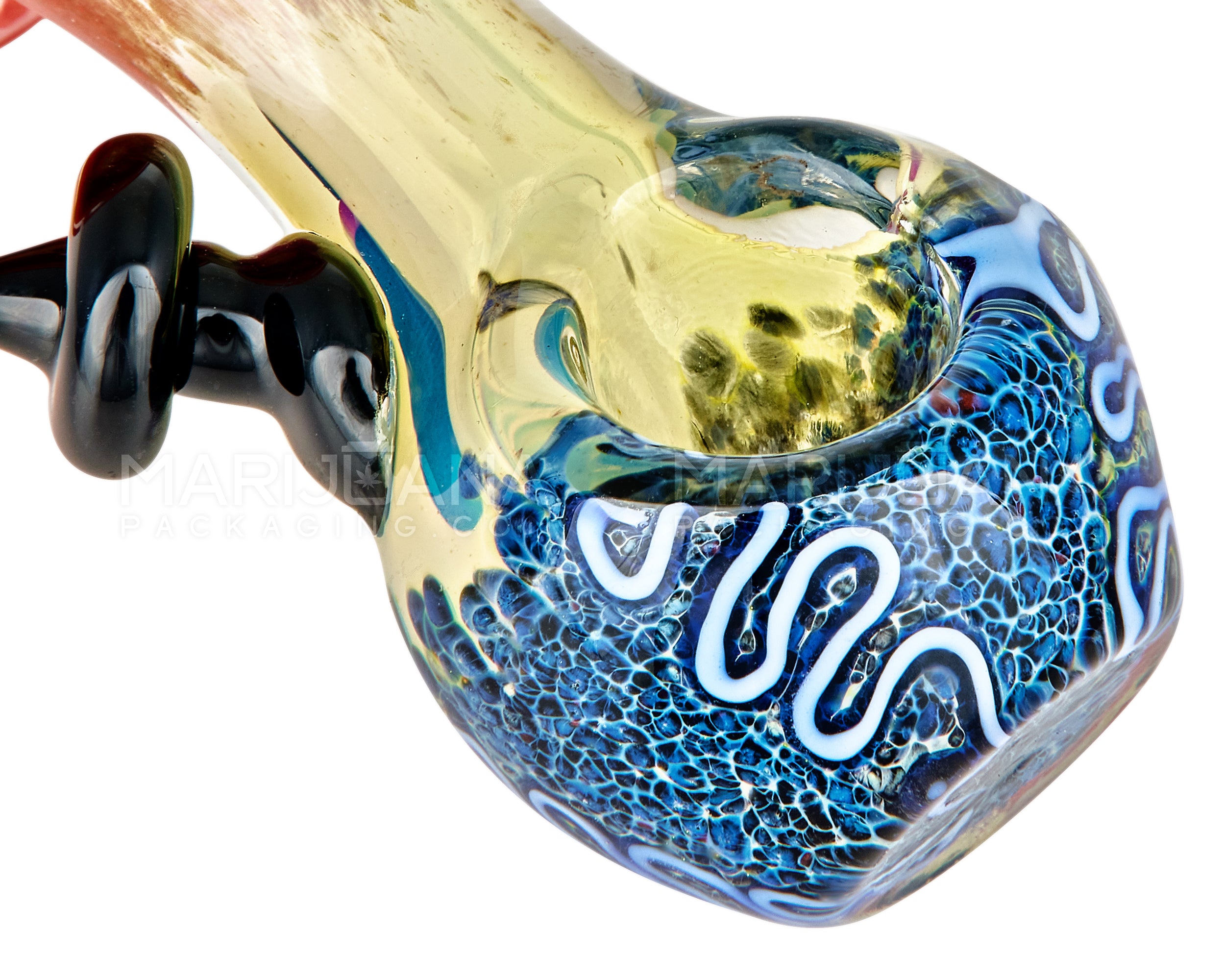 Frit & Multi Fumed Mushroom Hand Pipe w/ Ribboning & Glass Handle | 4in Long - Glass - Assorted - 3