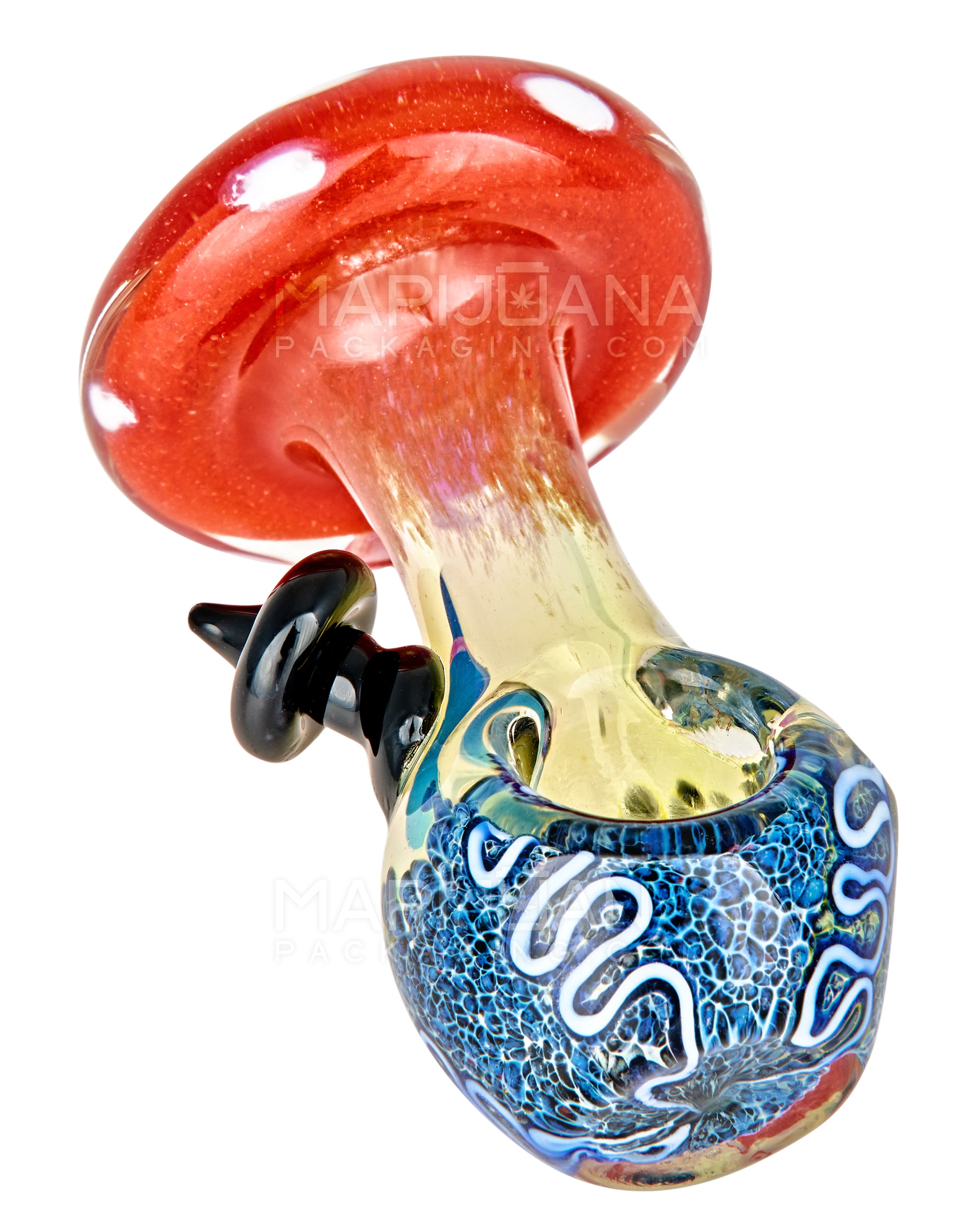 Frit & Multi Fumed Mushroom Hand Pipe w/ Ribboning & Glass Handle | 4in Long - Glass - Assorted - 1
