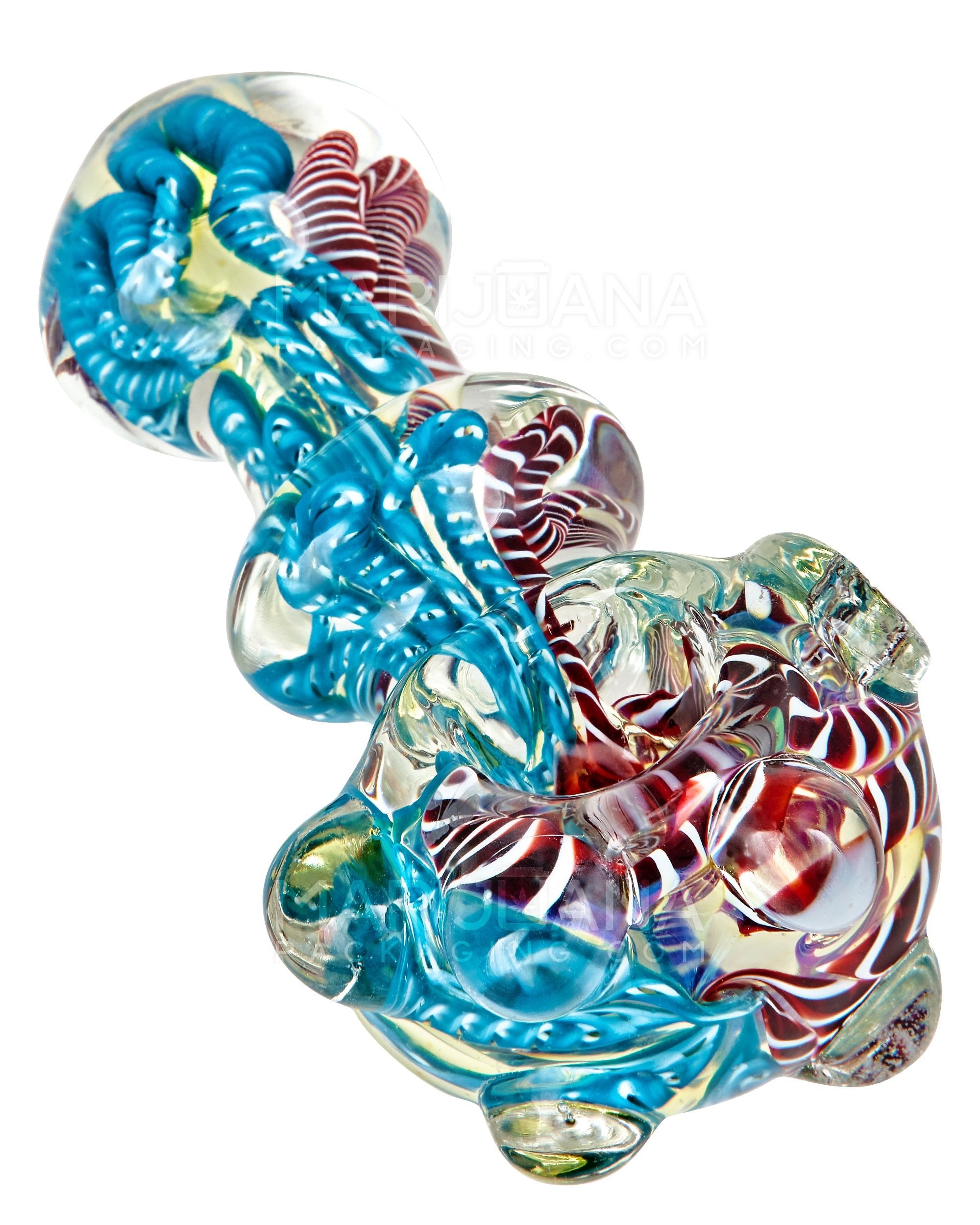 Triple Blown | Ribboned & Gold Fumed Ringed Spoon Hand Pipe w/ Multi Knockers | 4in Long - Very Thick Glass - Assorted - 1