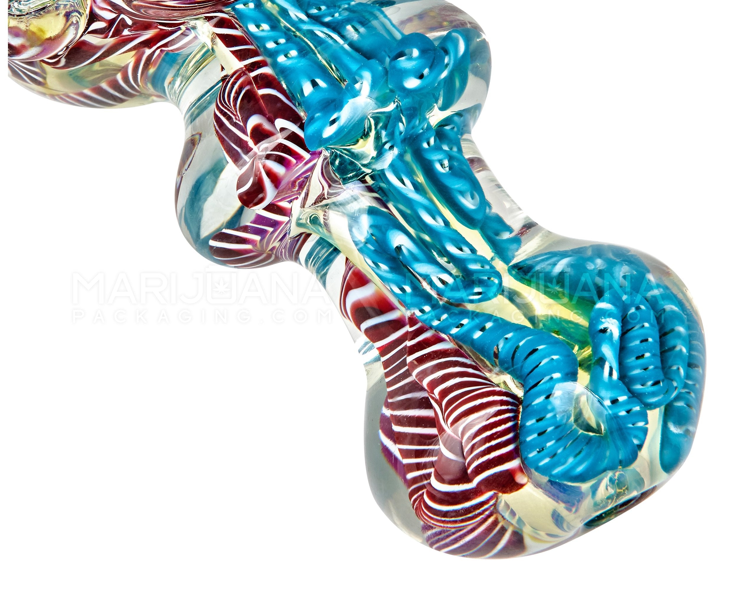 Triple Blown | Ribboned & Gold Fumed Ringed Spoon Hand Pipe w/ Multi Knockers | 4in Long - Very Thick Glass - Assorted - 3