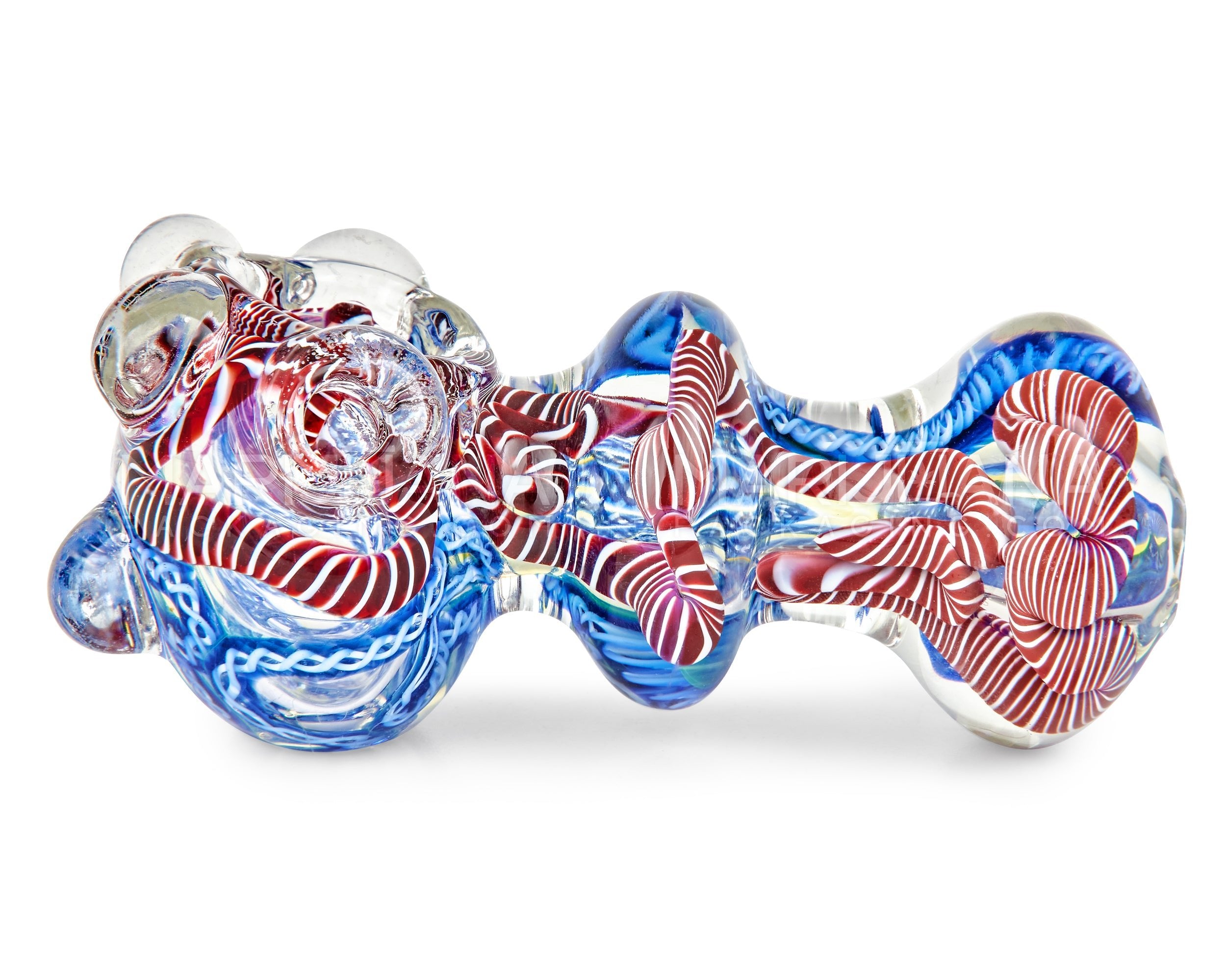 Triple Blown | Ribboned & Gold Fumed Ringed Spoon Hand Pipe w/ Multi Knockers | 4in Long - Very Thick Glass - Assorted - 8