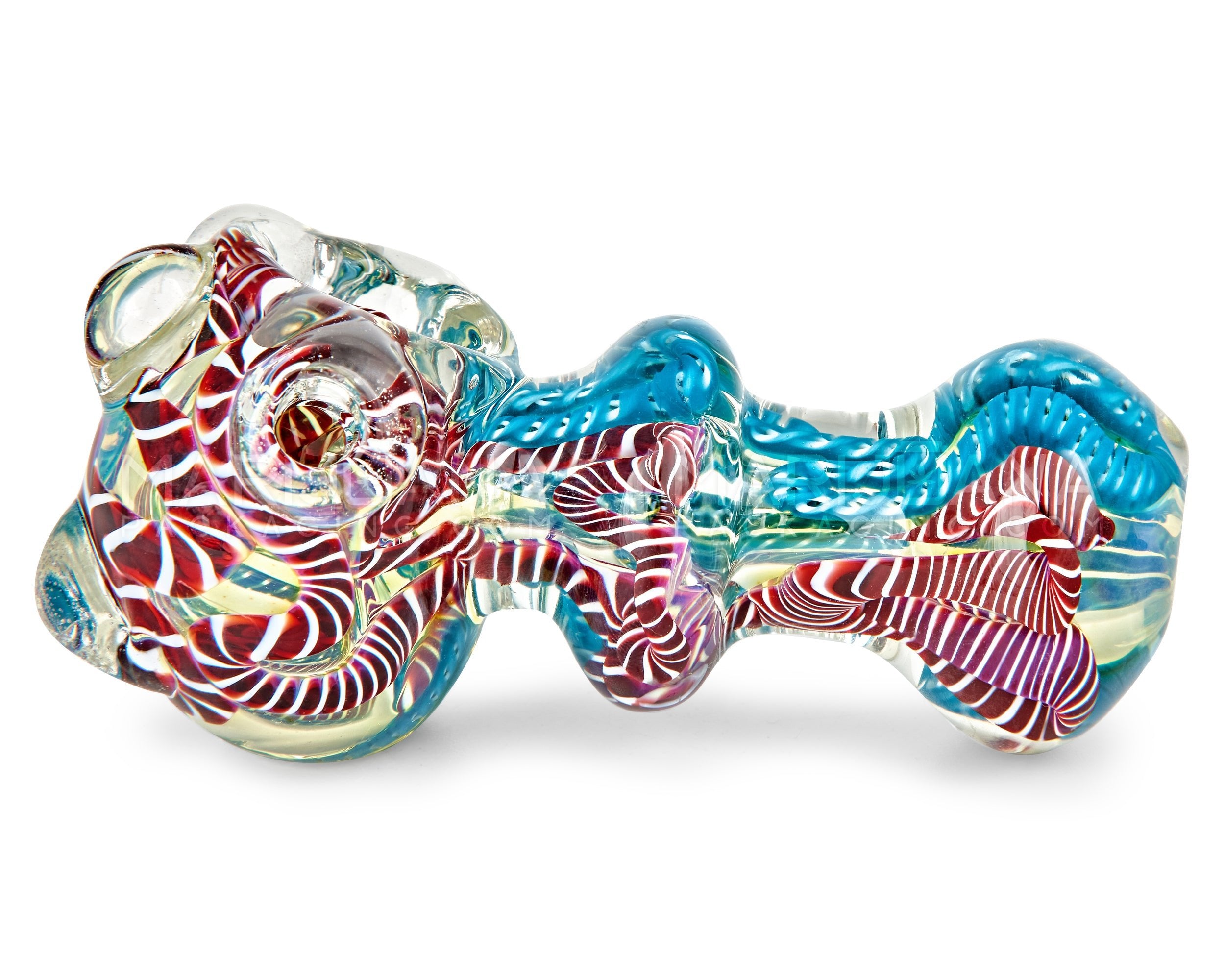 Triple Blown | Ribboned & Gold Fumed Ringed Spoon Hand Pipe w/ Multi Knockers | 4in Long - Very Thick Glass - Assorted - 5