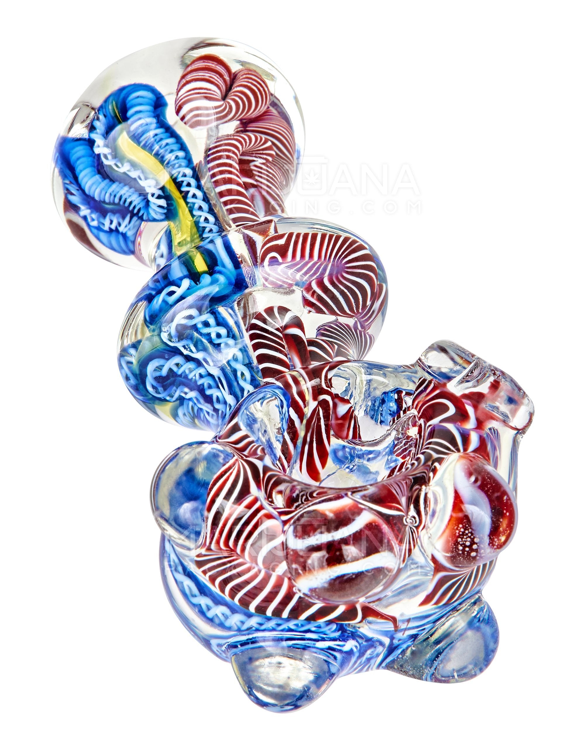 Triple Blown | Ribboned & Gold Fumed Ringed Spoon Hand Pipe w/ Multi Knockers | 4in Long - Very Thick Glass - Assorted - 6