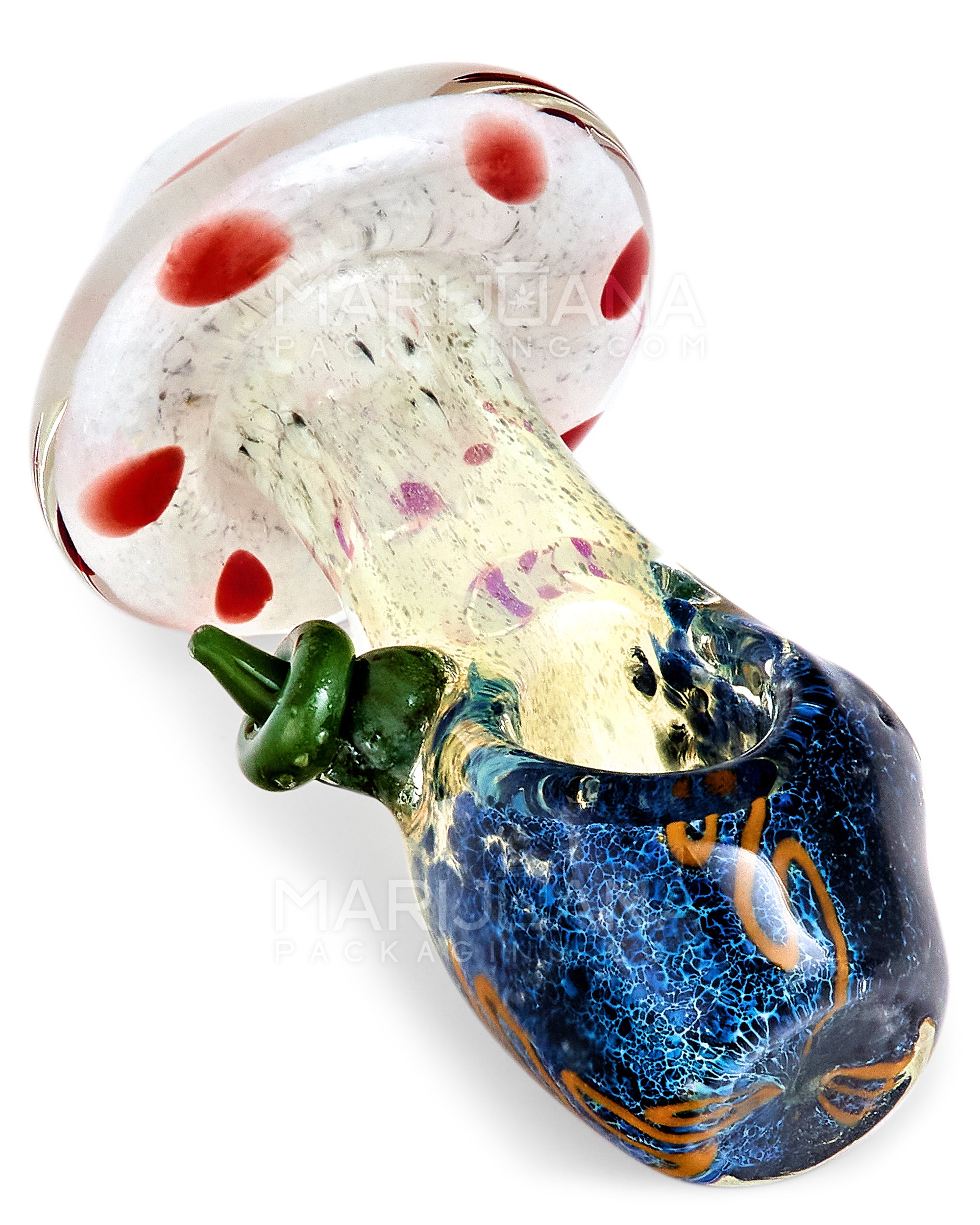 Frit & Multi Fumed Mushroom Hand Pipe w/ Ribboning & Glass Handle | 4in Long - Glass - Assorted - 10