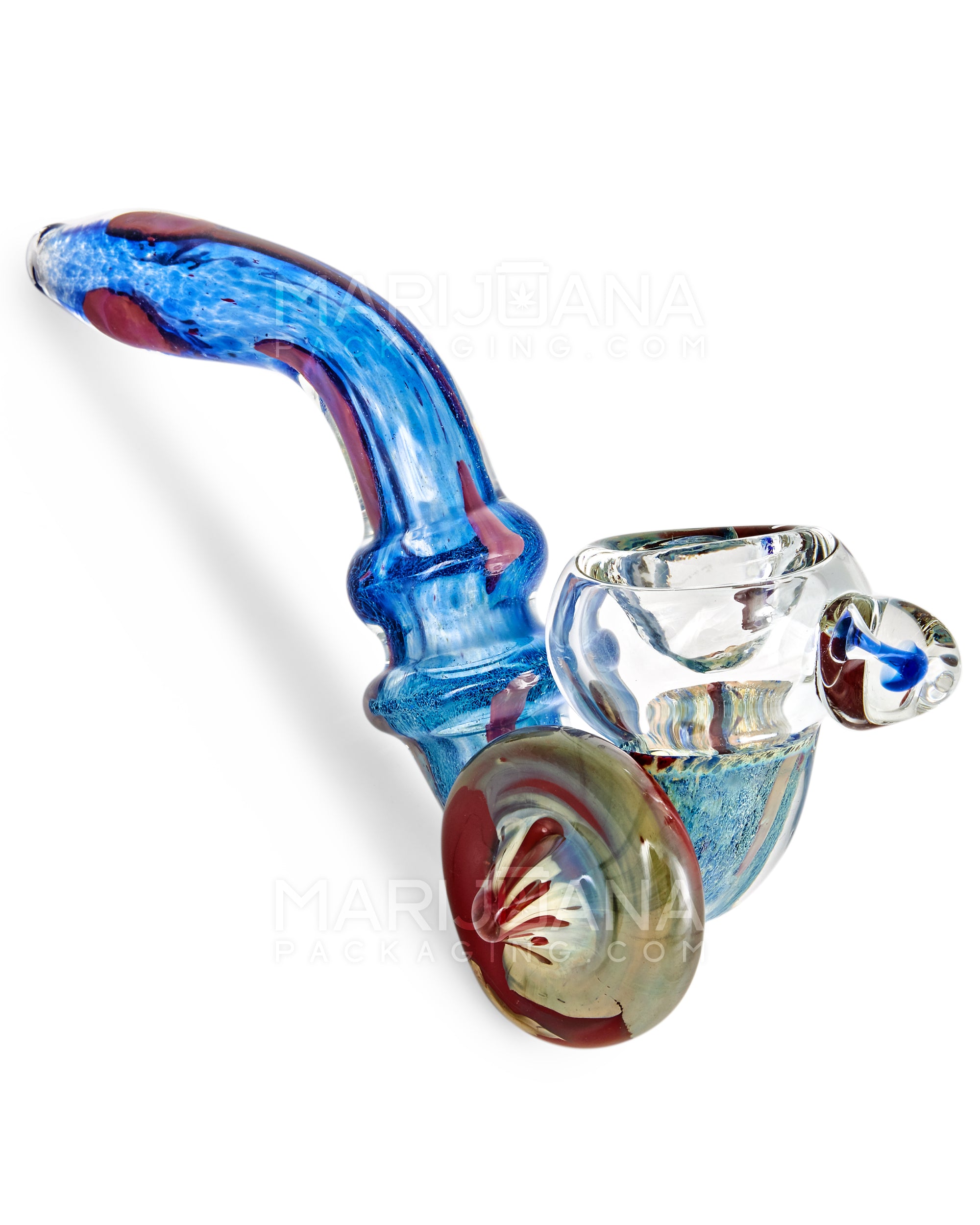 Dichroic Frit Ringed Sherlock Hand Pipe w/ Mushroom Marble & Medallion | 6in Long - Glass - Blue - 1