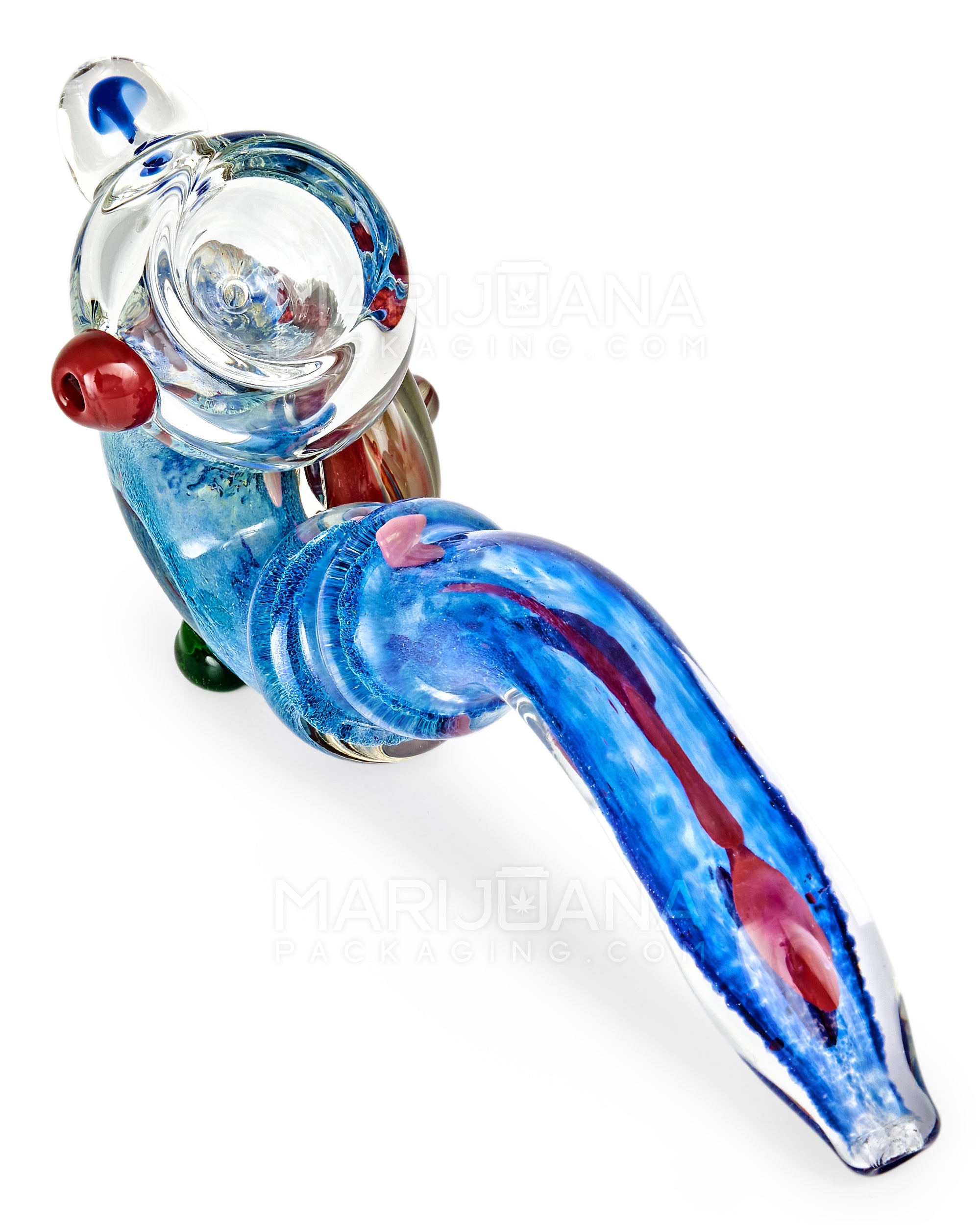 Dichroic Frit Ringed Sherlock Hand Pipe w/ Mushroom Marble & Medallion | 6in Long - Glass - Blue - 2
