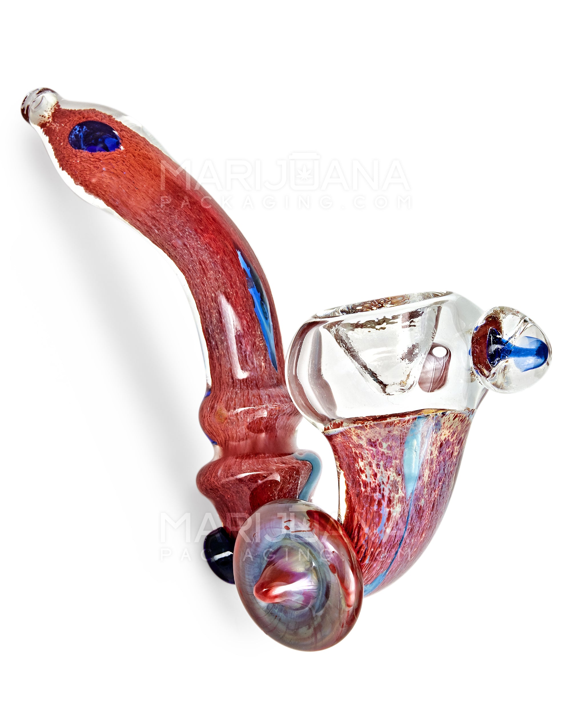 Dichroic Frit Ringed Sherlock Hand Pipe w/ Mushroom Marble & Medallion | 6in Long - Glass - Red - 1