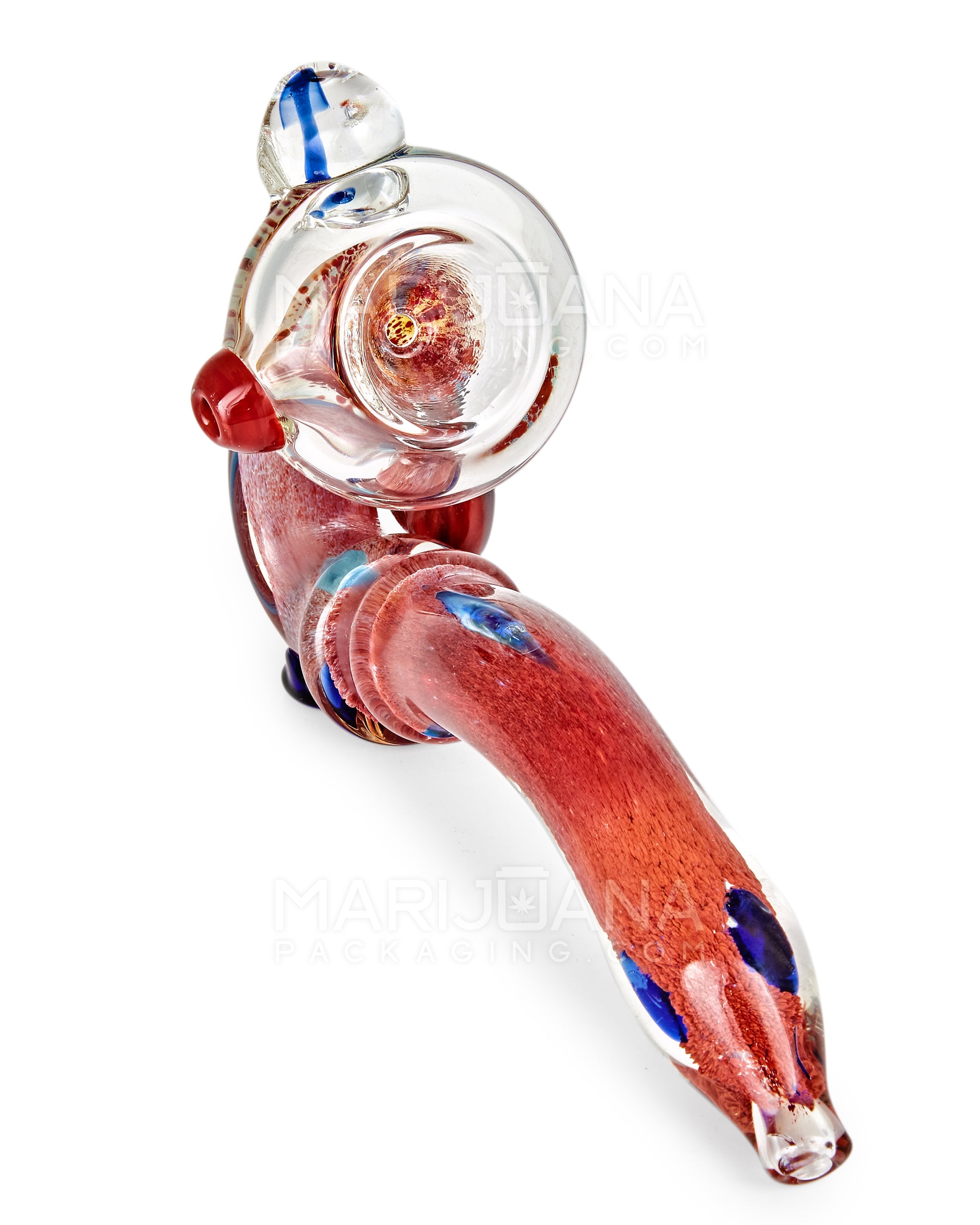 Dichroic Frit Ringed Sherlock Hand Pipe w/ Mushroom Marble & Medallion | 6in Long - Glass - Red - 2