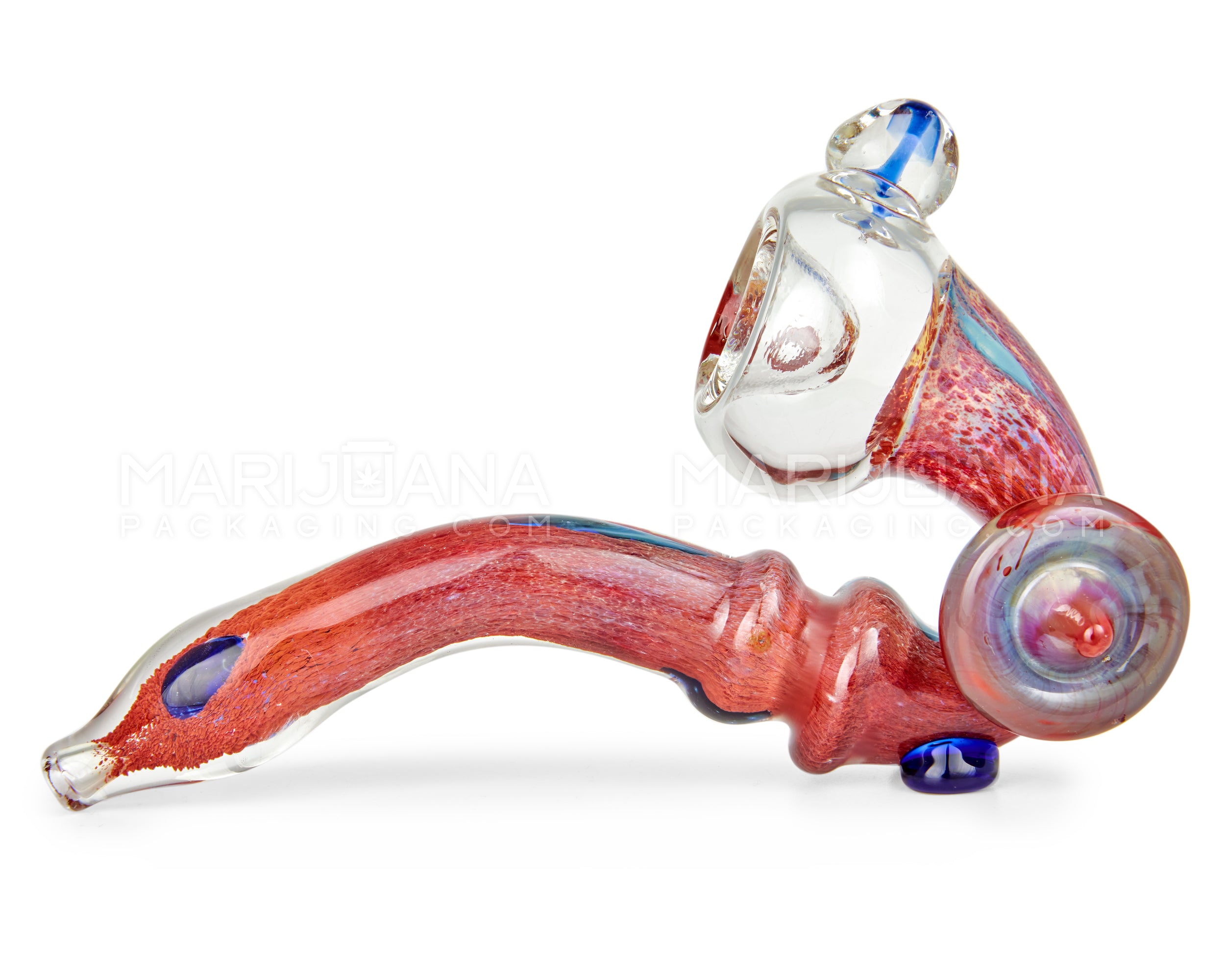 Dichroic Frit Ringed Sherlock Hand Pipe w/ Mushroom Marble & Medallion | 6in Long - Glass - Red - 4
