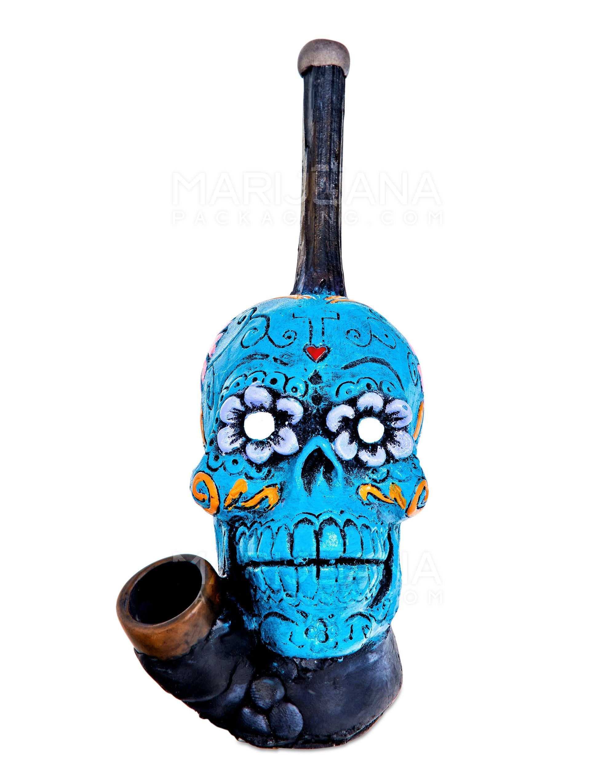 Los Muertos Sugar Skull Wood Pipe | 6in Tall - Wood Bowl - Turquoise - 1