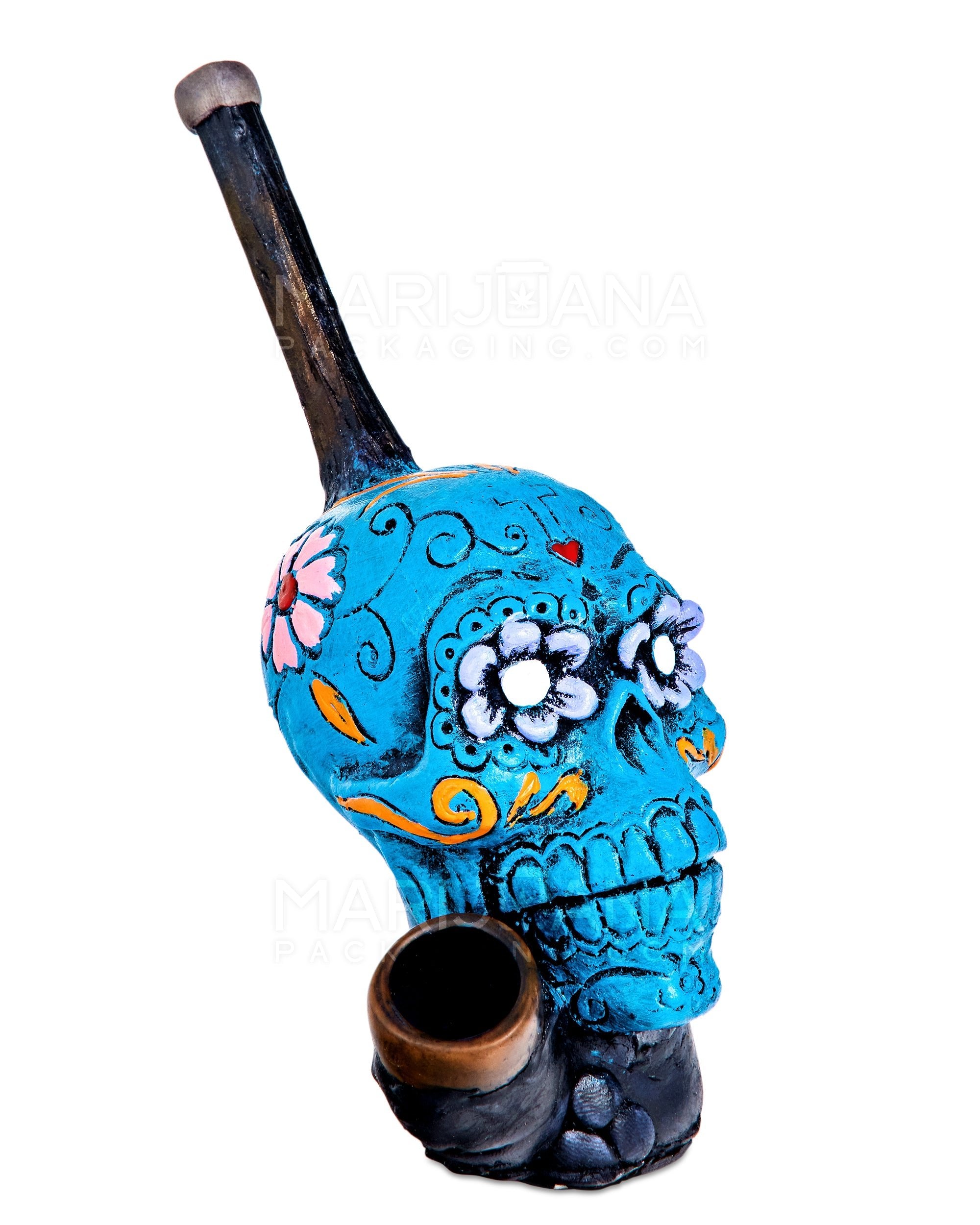 Los Muertos Sugar Skull Wood Pipe | 6in Tall - Wood Bowl - Turquoise - 2