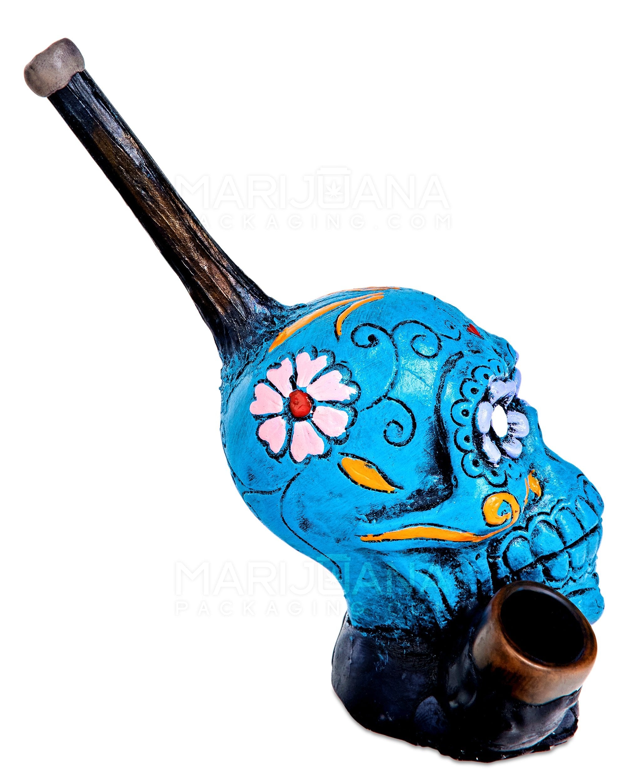 Los Muertos Sugar Skull Wood Pipe | 6in Tall - Wood Bowl - Turquoise - 4