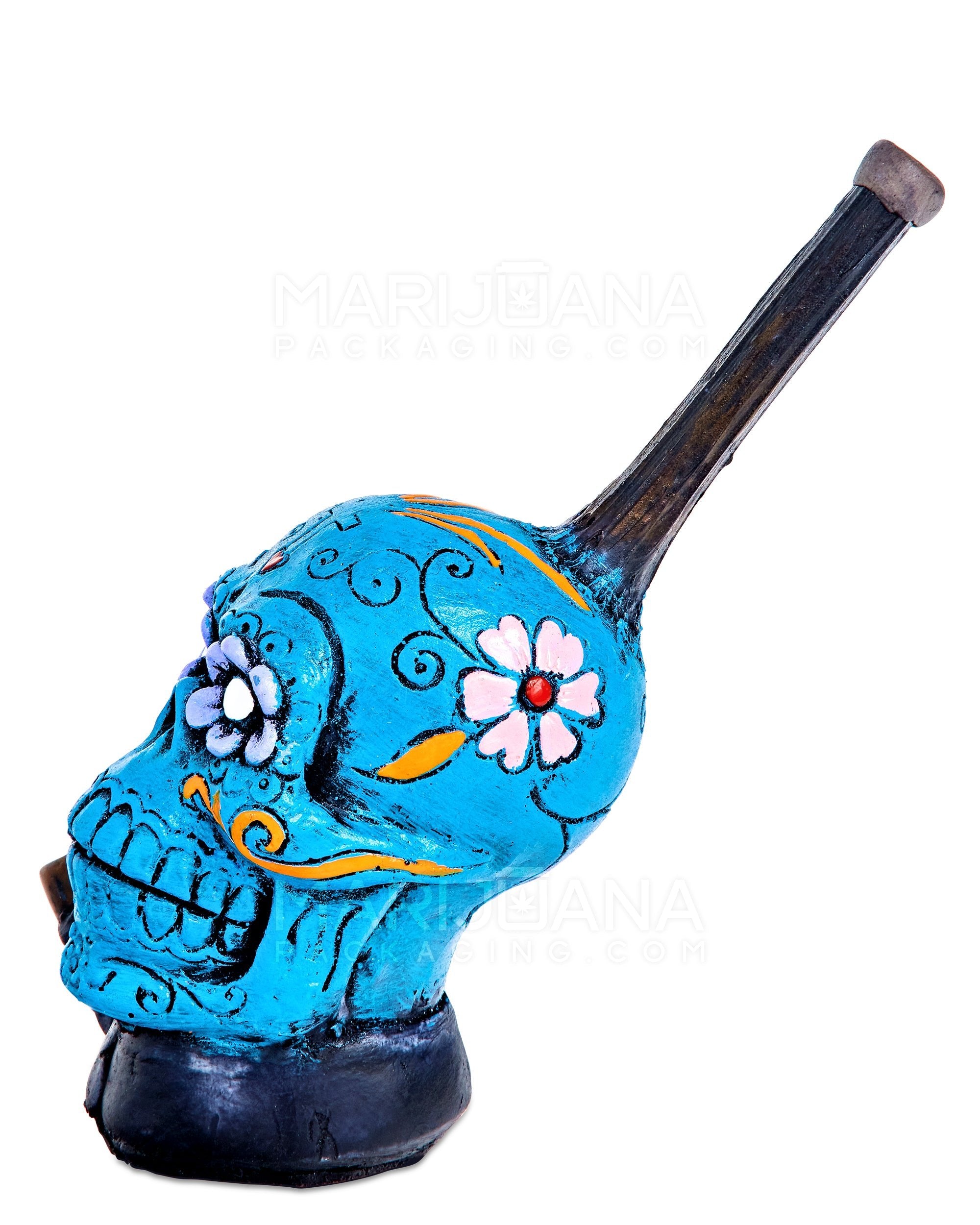 Los Muertos Sugar Skull Wood Pipe | 6in Tall - Wood Bowl - Turquoise - 5
