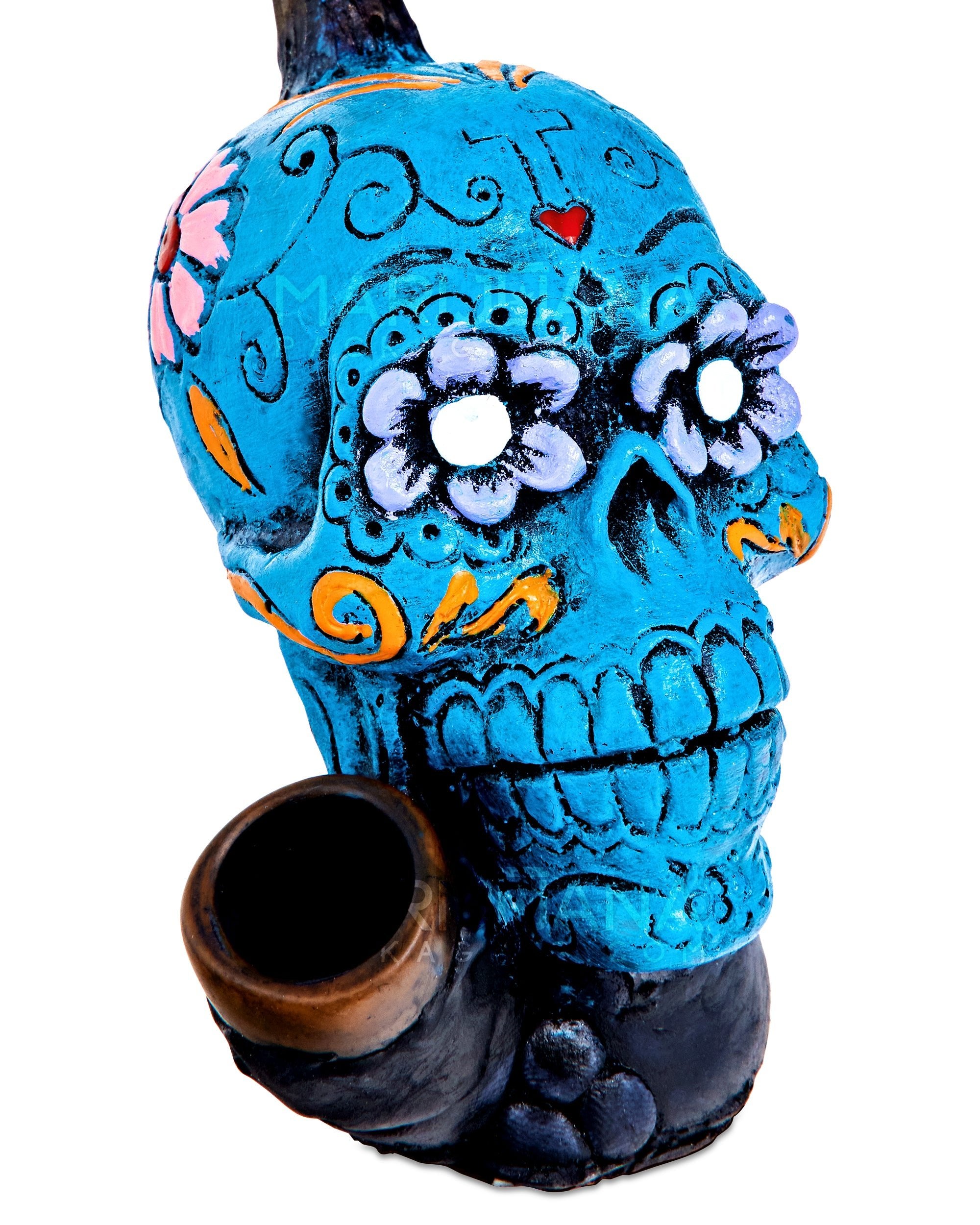 Los Muertos Sugar Skull Wood Pipe | 6in Tall - Wood Bowl - Turquoise - 3
