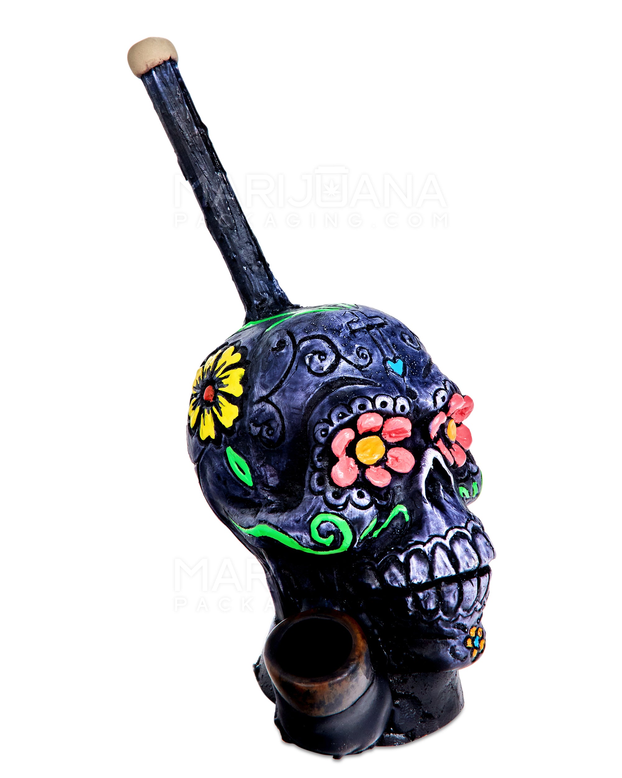 Los Muertos Sugar Skull Wood Pipe | 6in Tall - Wood Bowl - Grey - 2