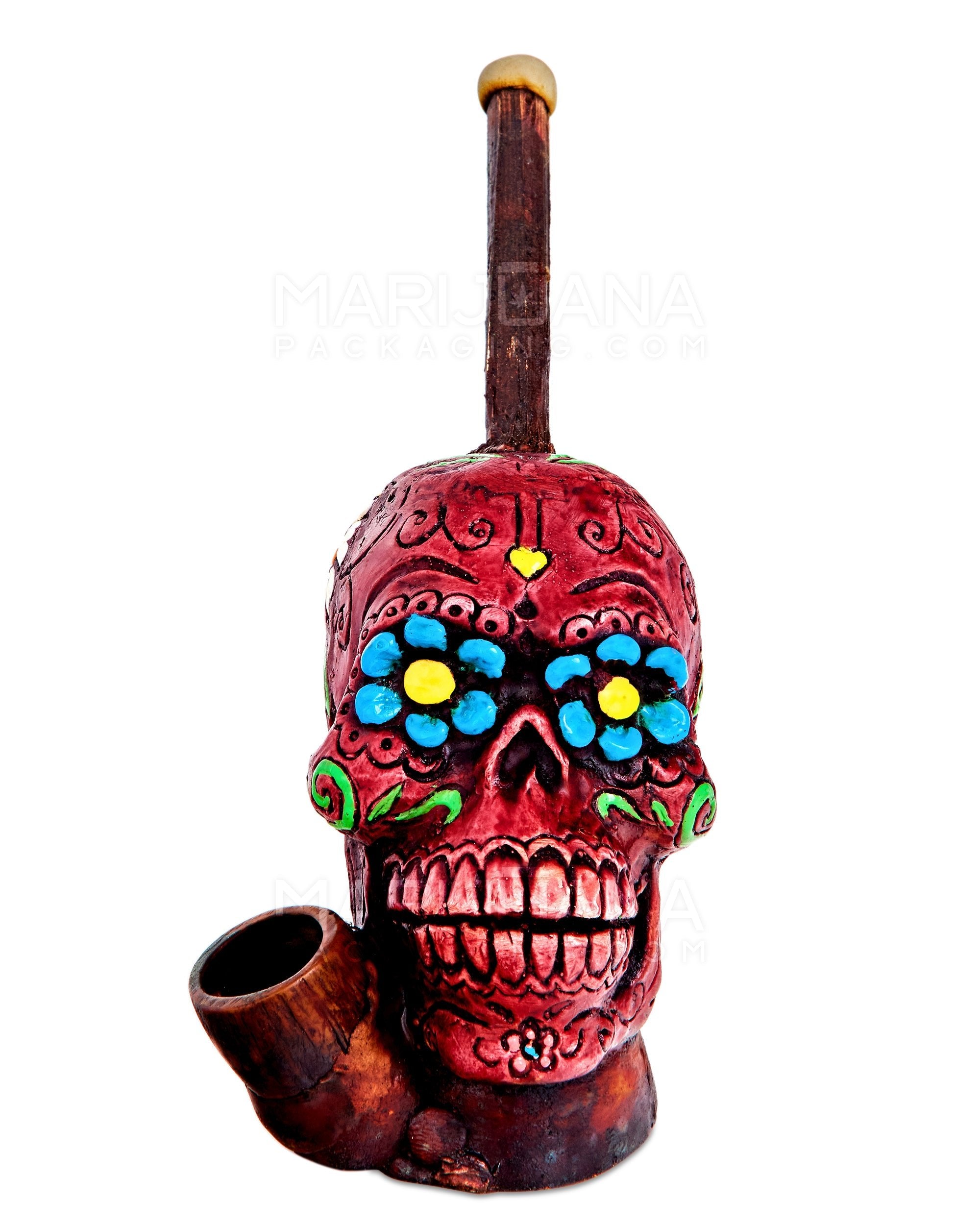 Los Muertos Sugar Skull Wood Pipe | 6in Tall - Wood Bowl - Red - 1