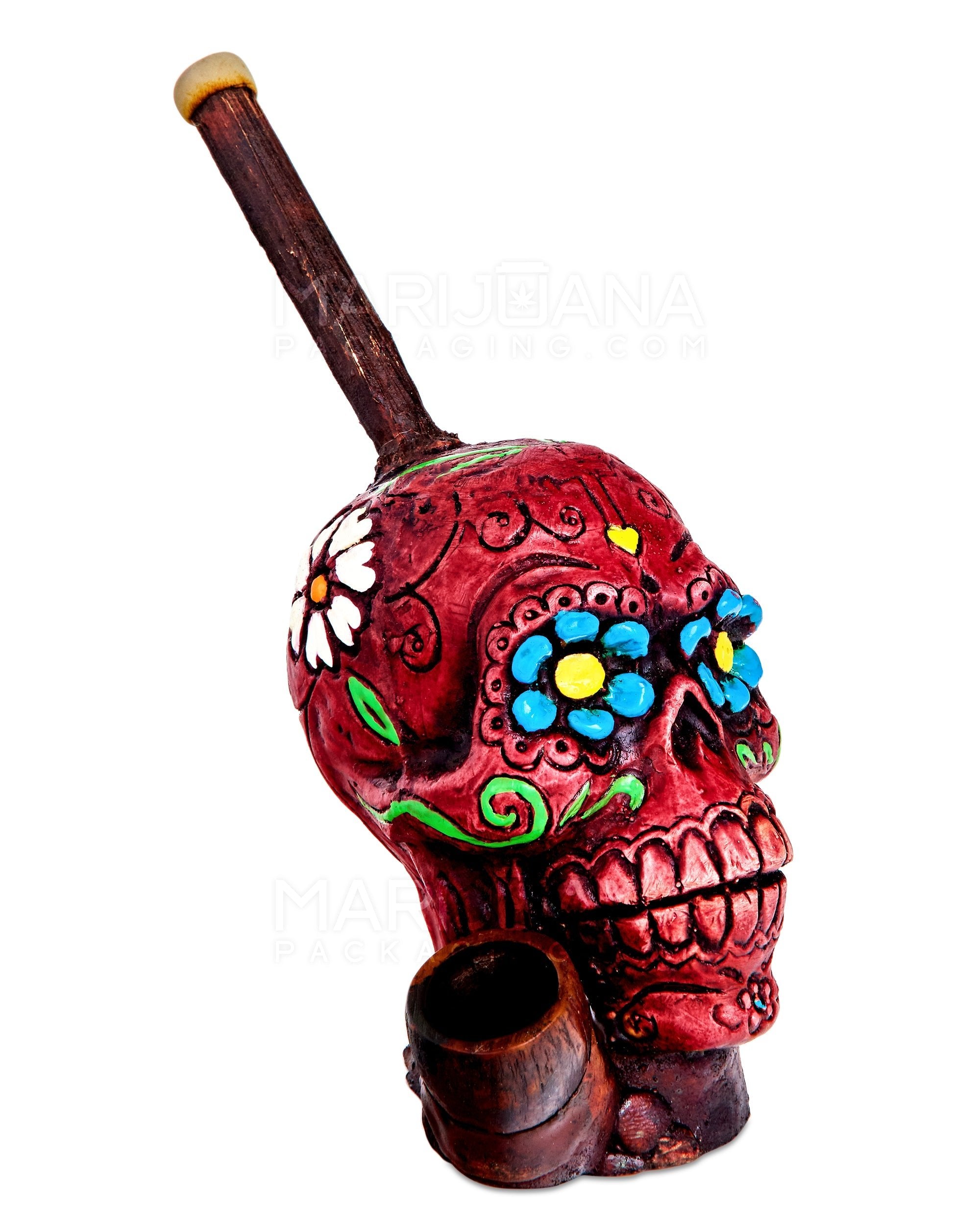 Los Muertos Sugar Skull Wood Pipe | 6in Tall - Wood Bowl - Red - 2