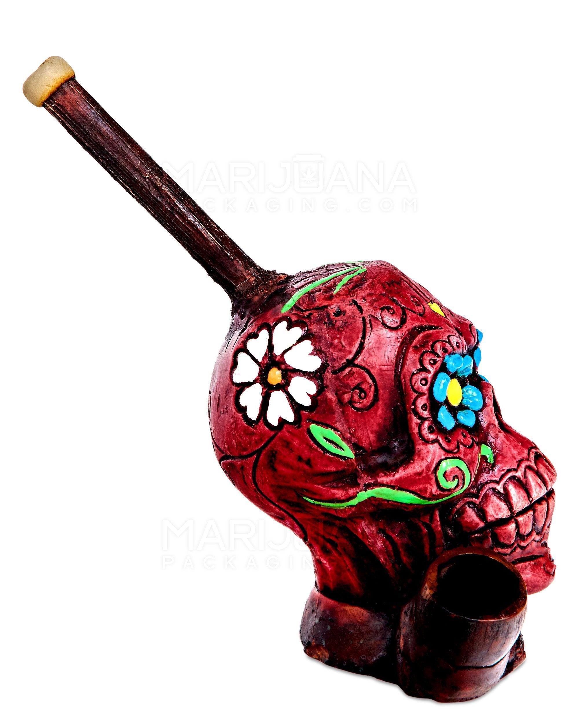 Los Muertos Sugar Skull Wood Pipe | 6in Tall - Wood Bowl - Red - 4
