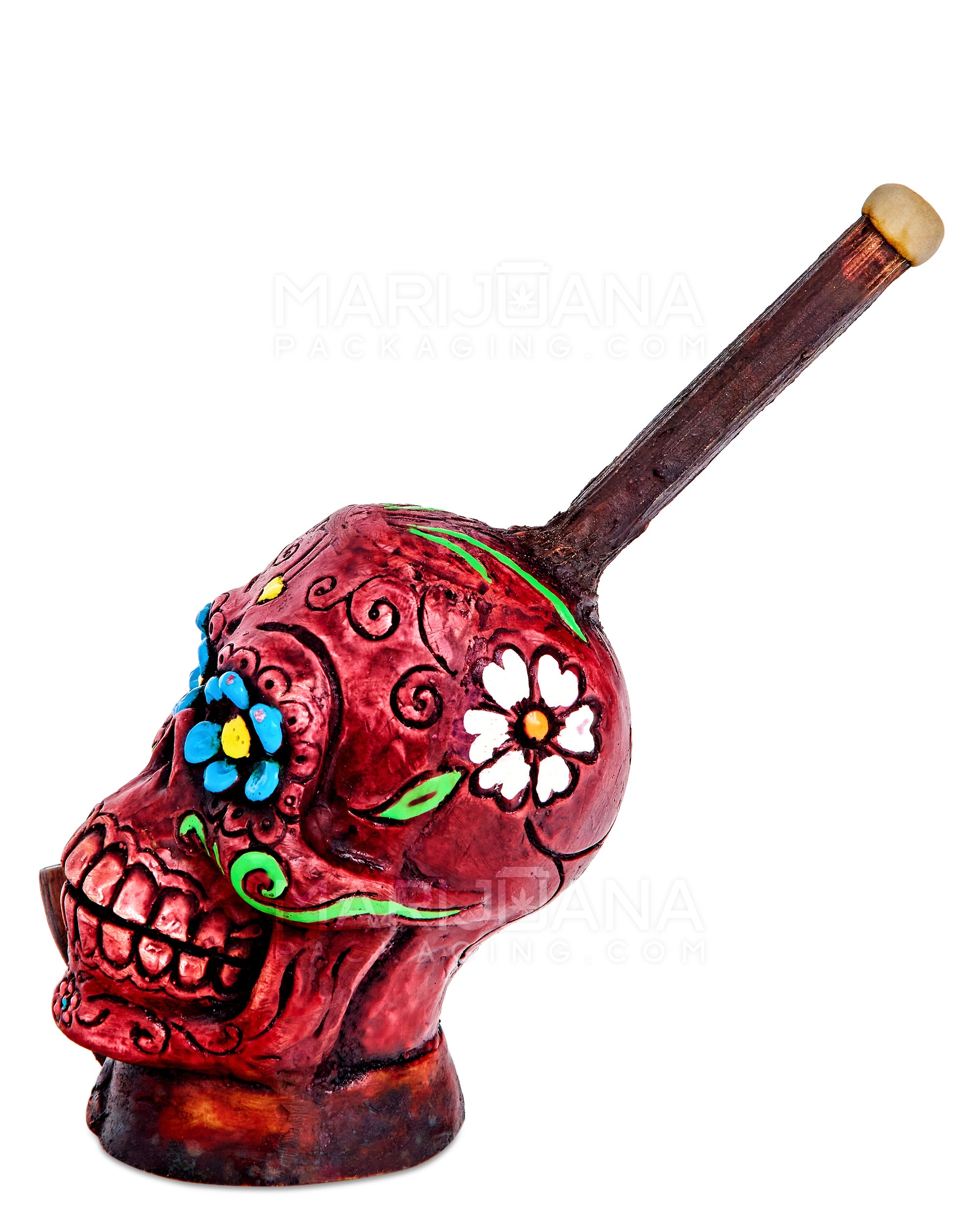 Los Muertos Sugar Skull Wood Pipe | 6in Tall - Wood Bowl - Red - 5