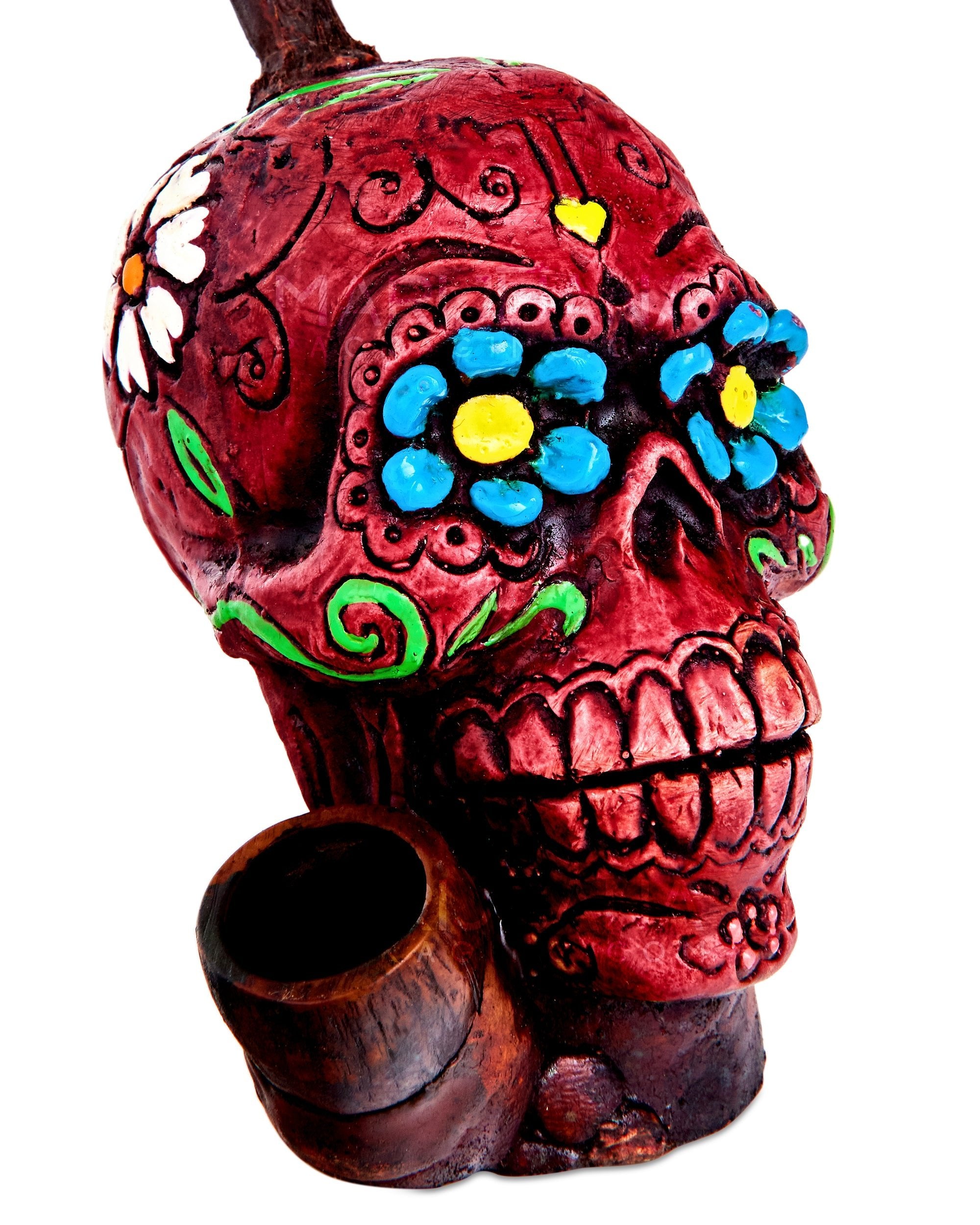 Los Muertos Sugar Skull Wood Pipe | 6in Tall - Wood Bowl - Red - 3