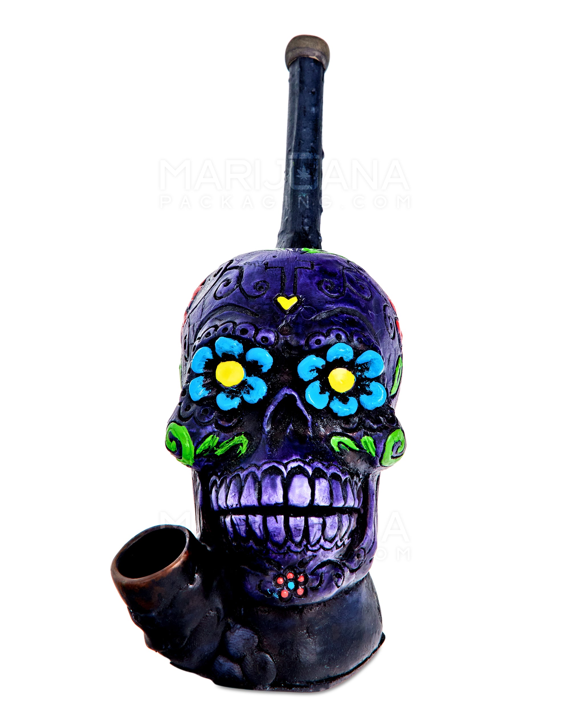 Los Muertos Sugar Skull Wood Pipe | 6in Tall - Wood Bowl - Purple - 1