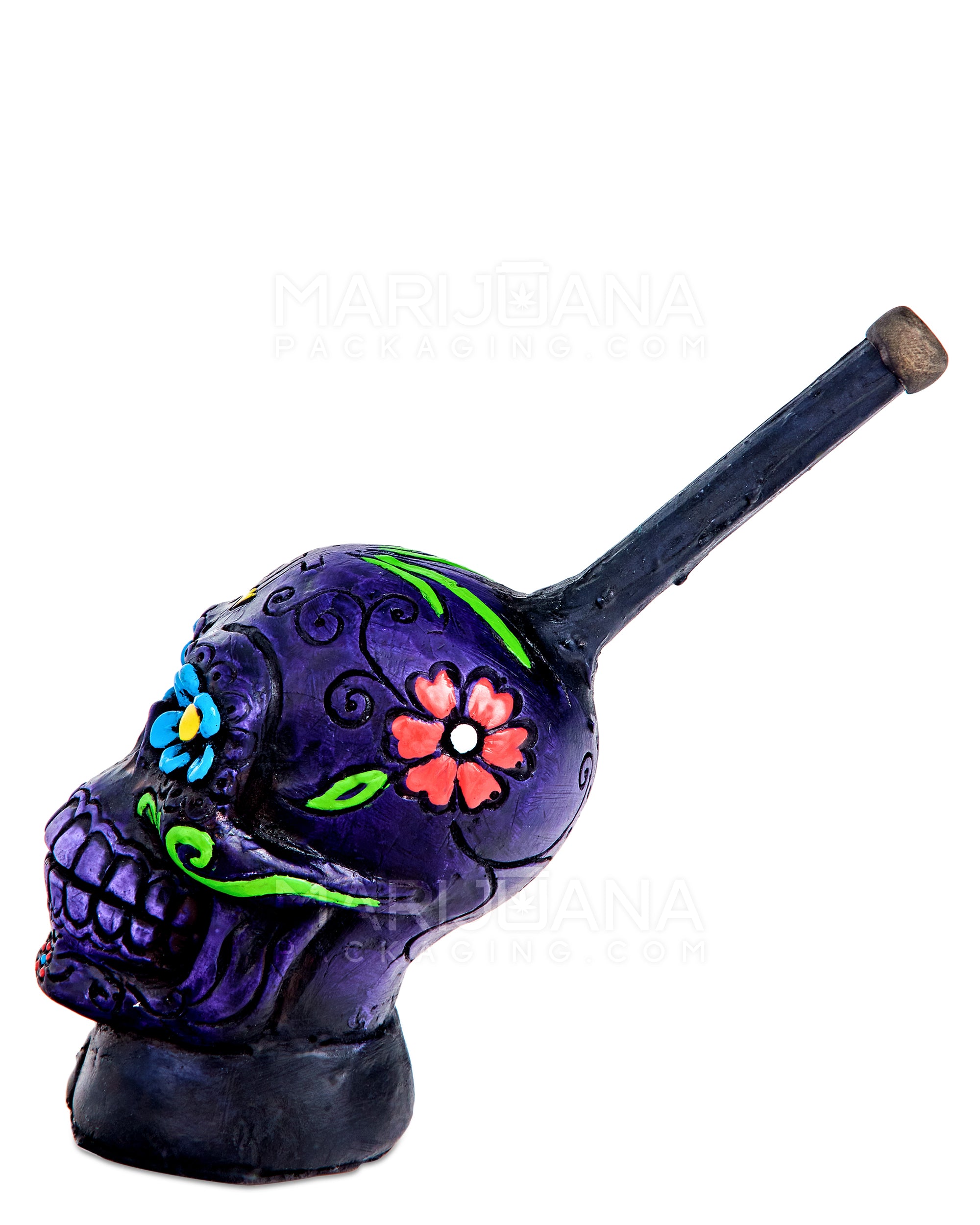 Los Muertos Sugar Skull Wood Pipe | 6in Tall - Wood Bowl - Purple - 4