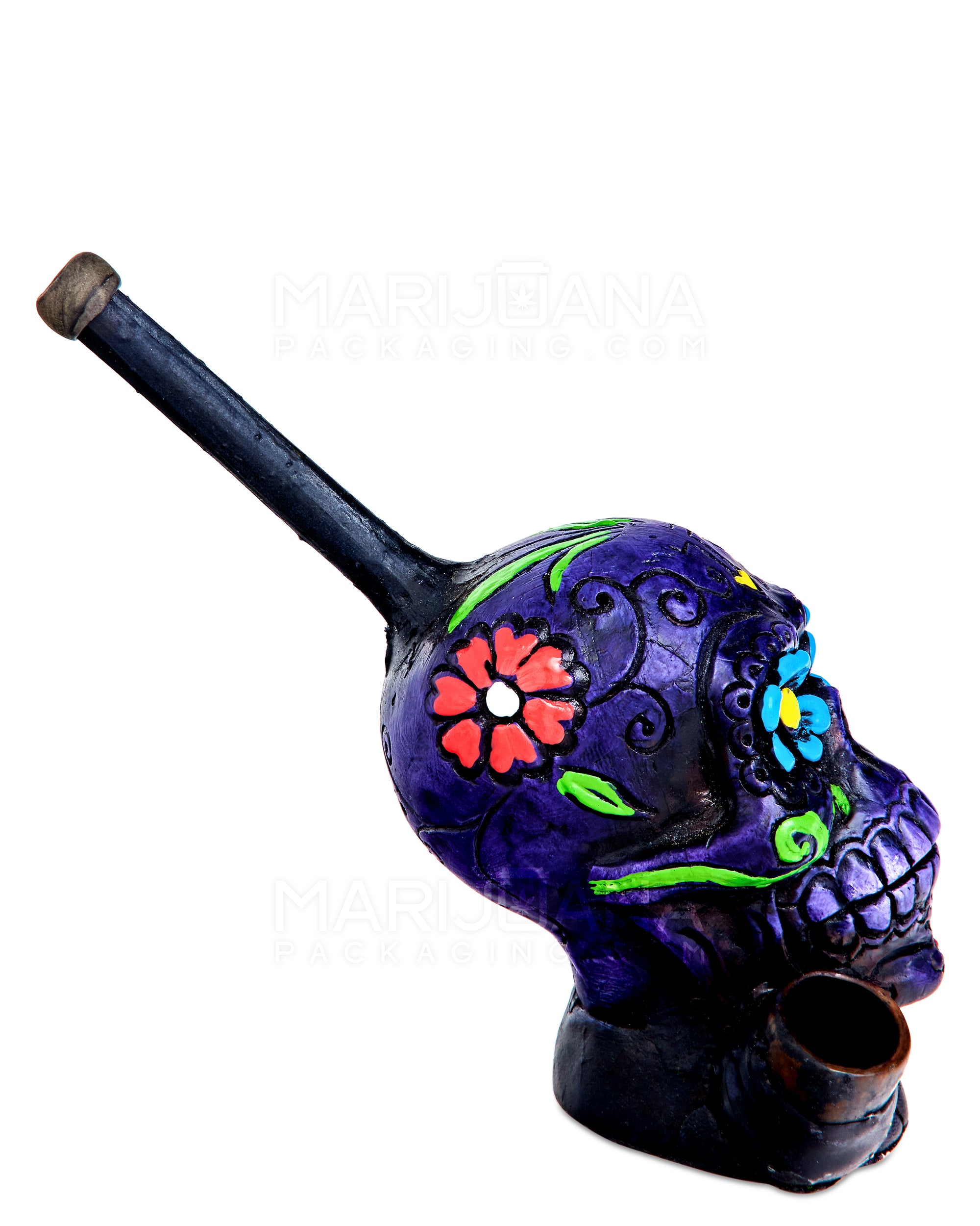 Los Muertos Sugar Skull Wood Pipe | 6in Tall - Wood Bowl - Purple - 5