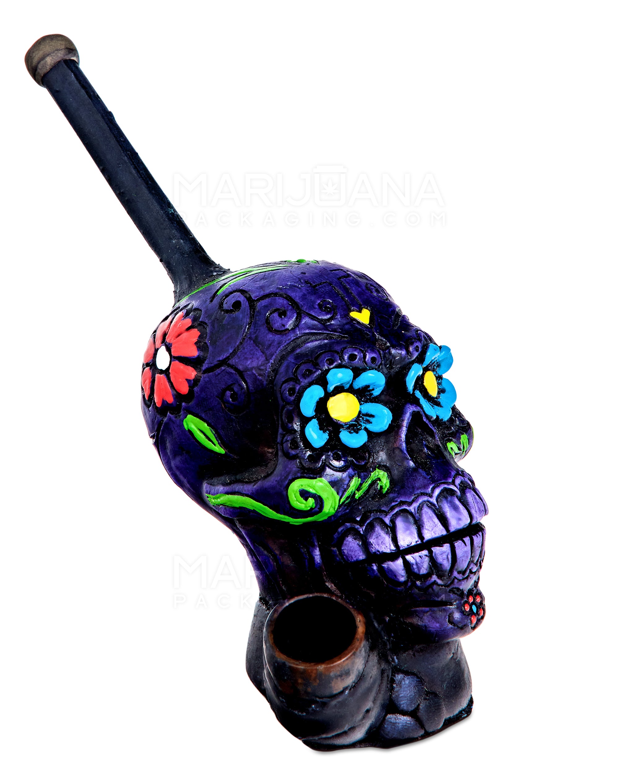 Los Muertos Sugar Skull Wood Pipe | 6in Tall - Wood Bowl - Purple - 2