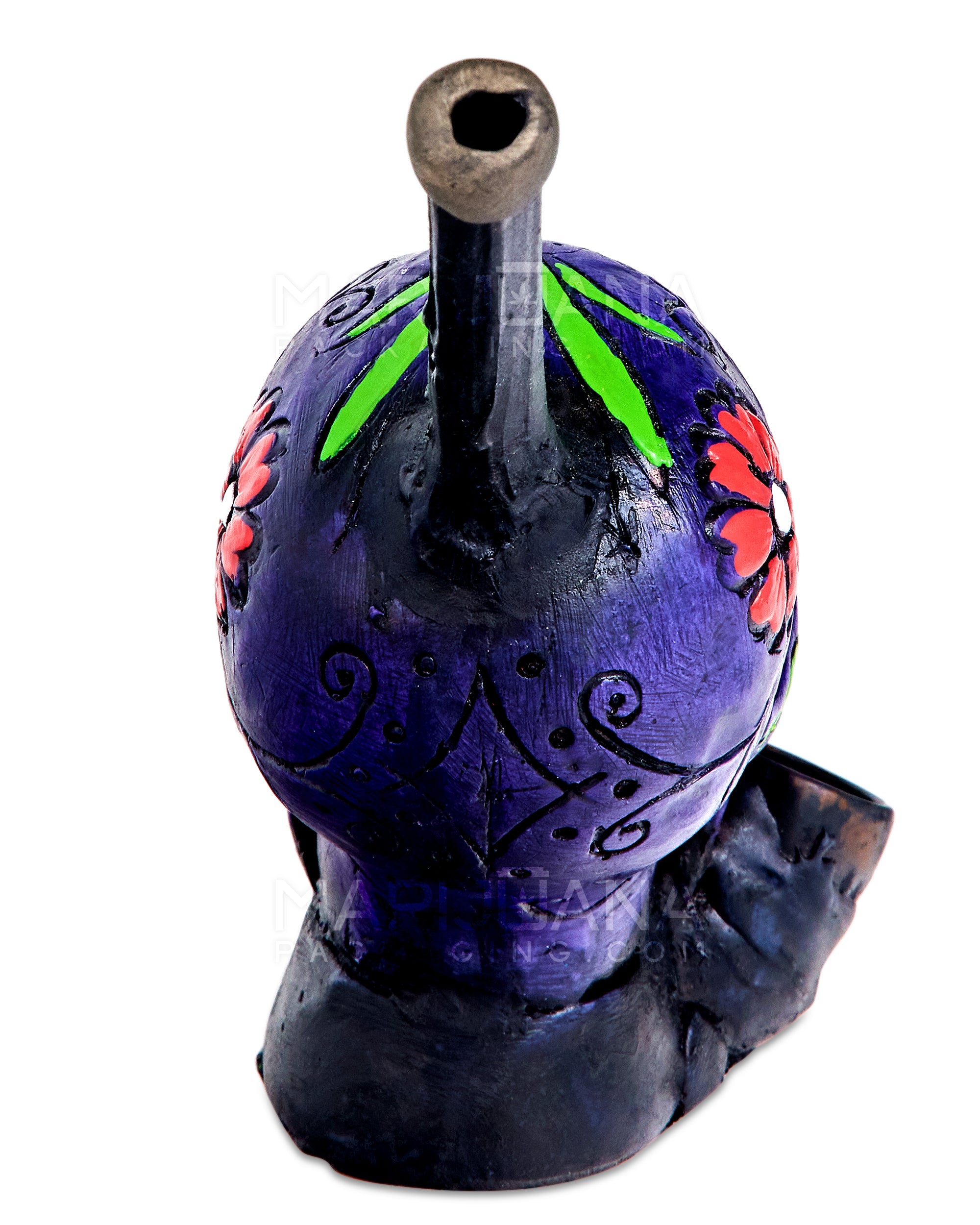 Los Muertos Sugar Skull Wood Pipe | 6in Tall - Wood Bowl - Purple - 6