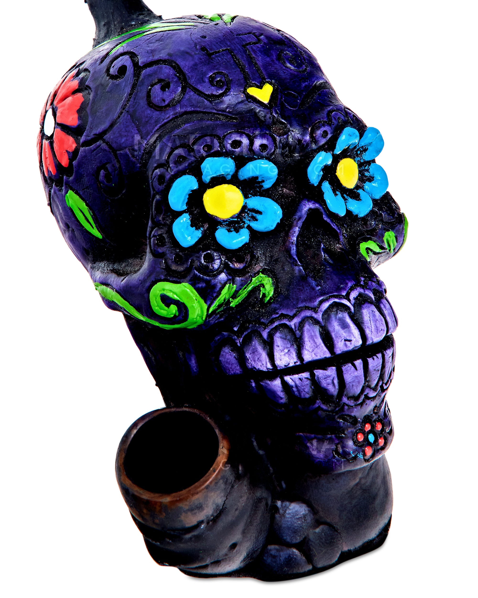 Los Muertos Sugar Skull Wood Pipe | 6in Tall - Wood Bowl - Purple - 3