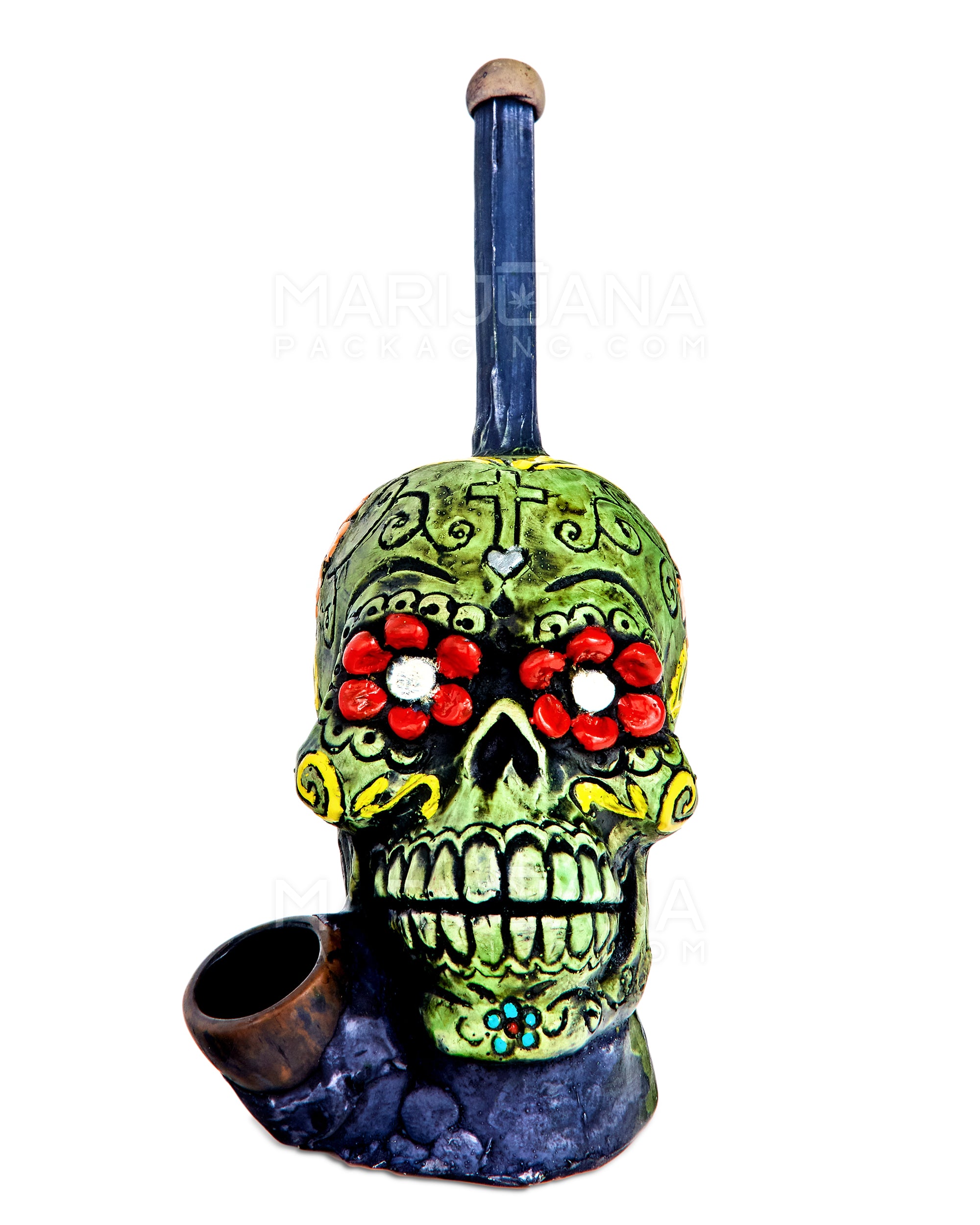 Los Muertos Sugar Skull Wood Pipe | 6in Tall - Wood Bowl - Green - 1