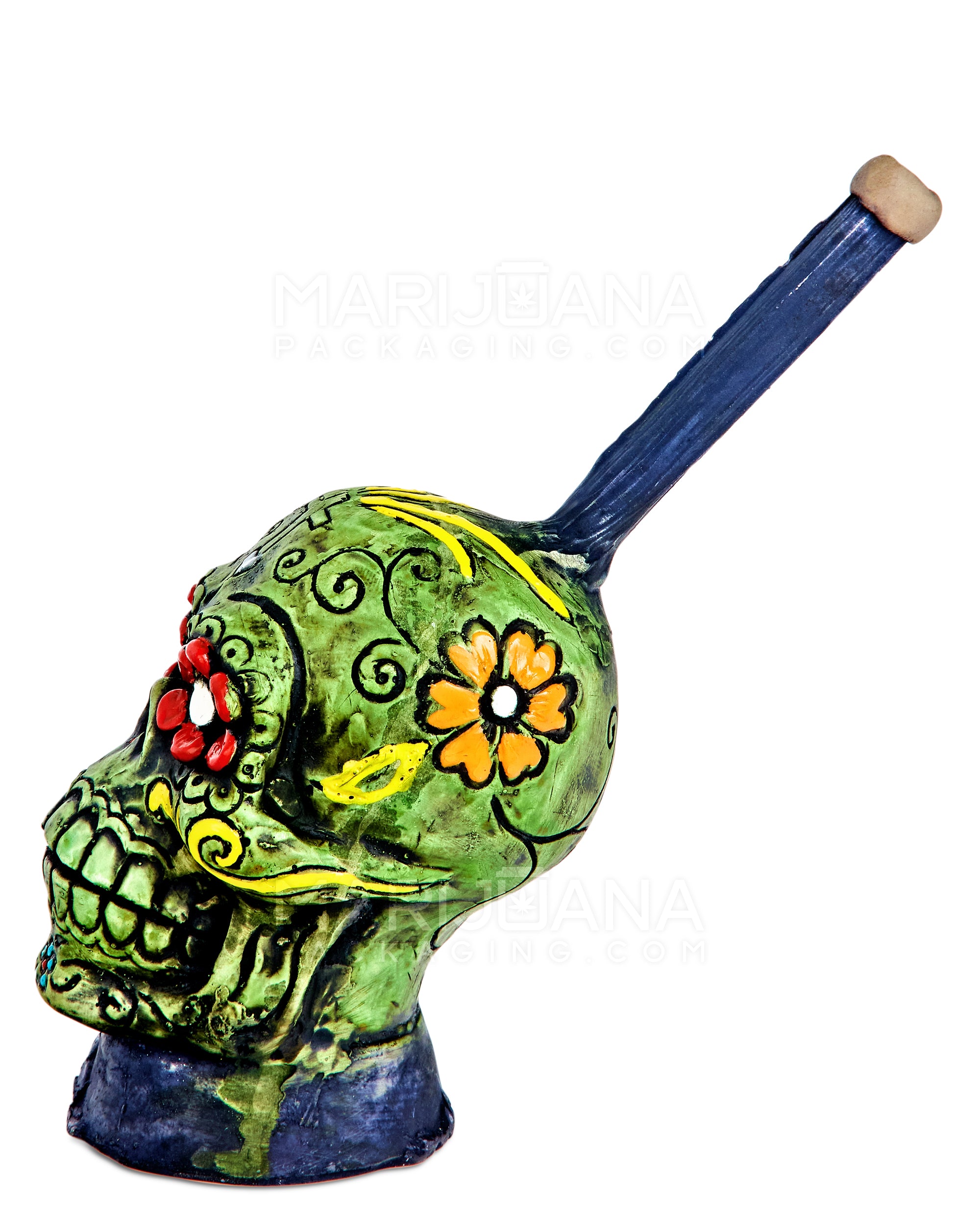 Los Muertos Sugar Skull Wood Pipe | 6in Tall - Wood Bowl - Green - 5