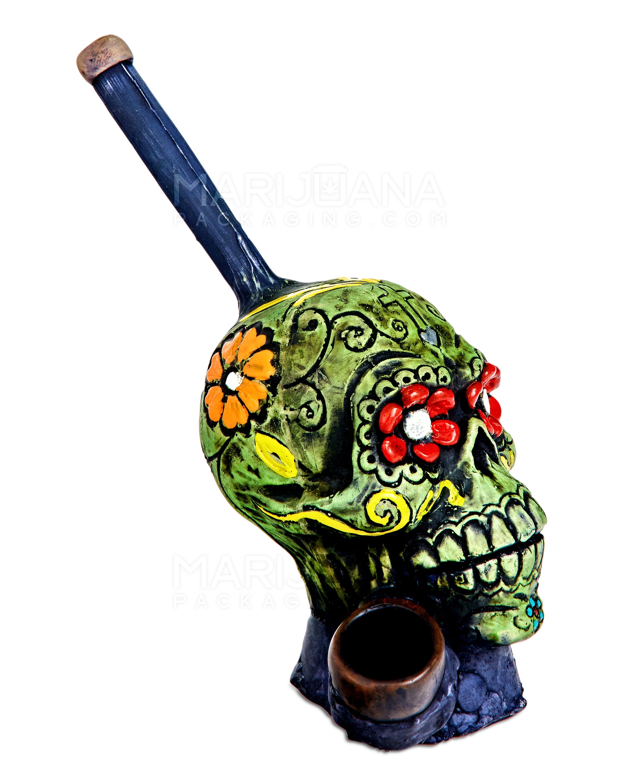 Los Muertos Sugar Skull Wood Pipe | 6in Tall - Wood Bowl - Green - 2