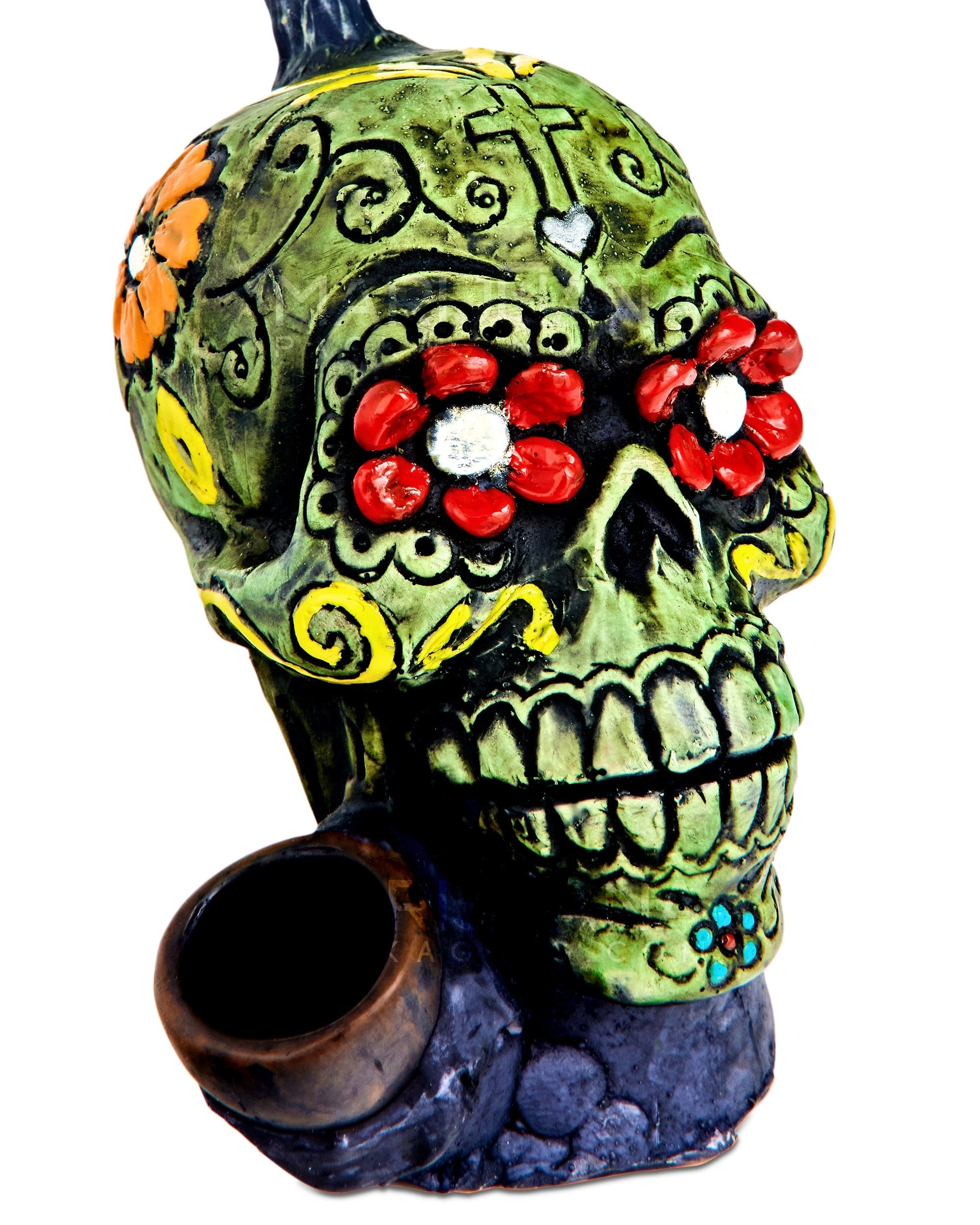Los Muertos Sugar Skull Wood Pipe | 6in Tall - Wood Bowl - Green - 3