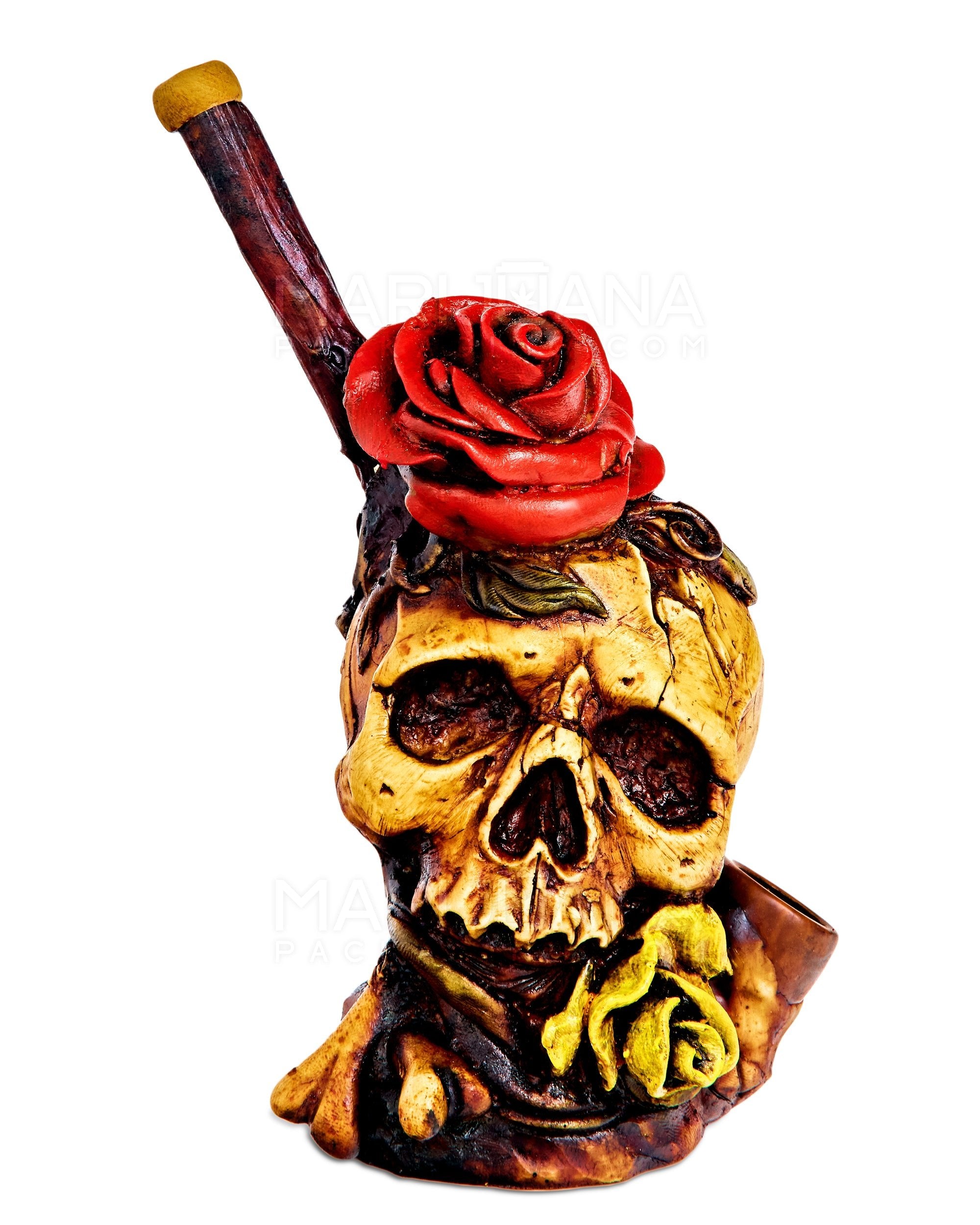 Rose Skull Wood Pipe | 6in Tall - Wood Bowl - Red & Brown - 1