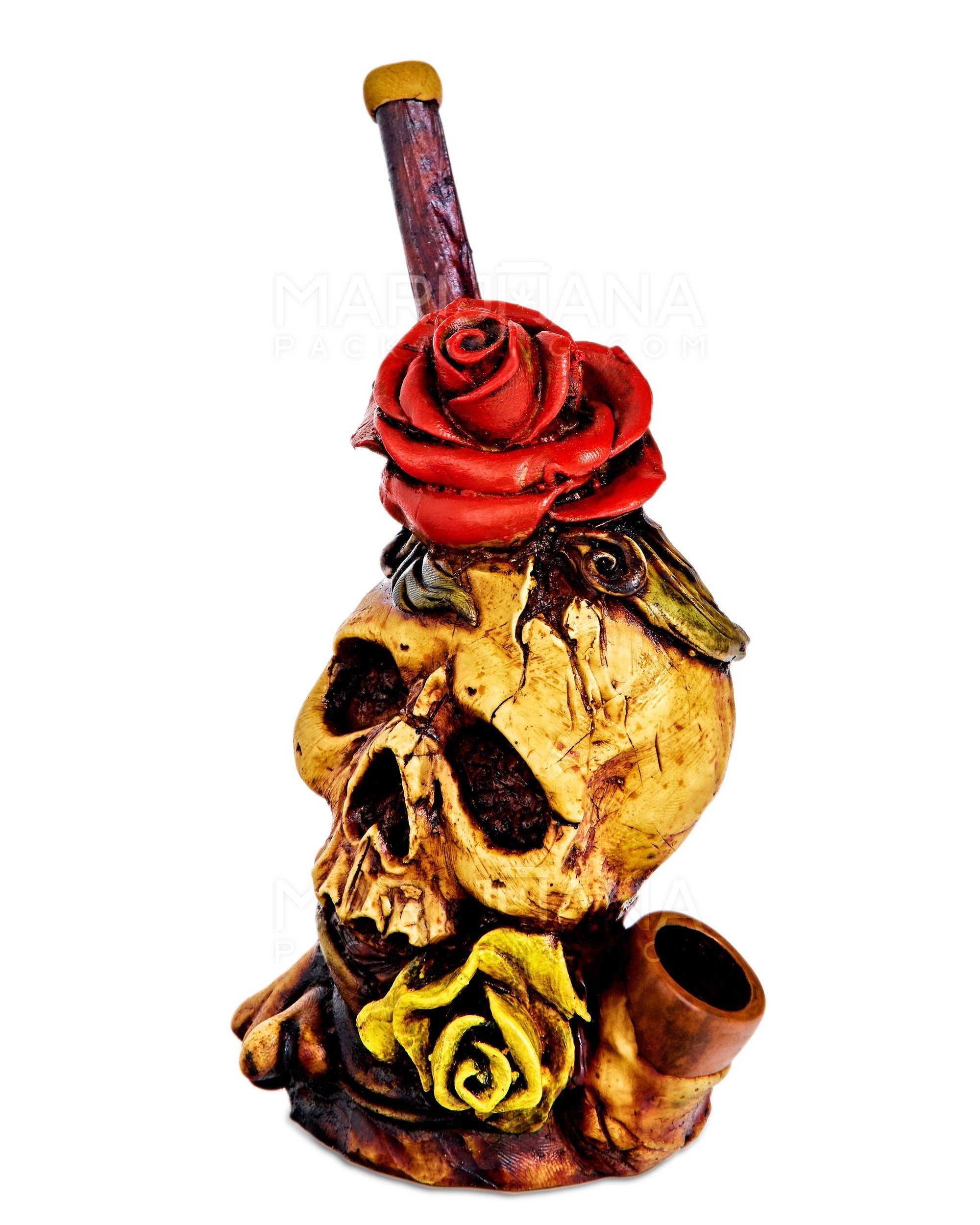 Rose Skull Wood Pipe | 6in Tall - Wood Bowl - Red & Brown - 2