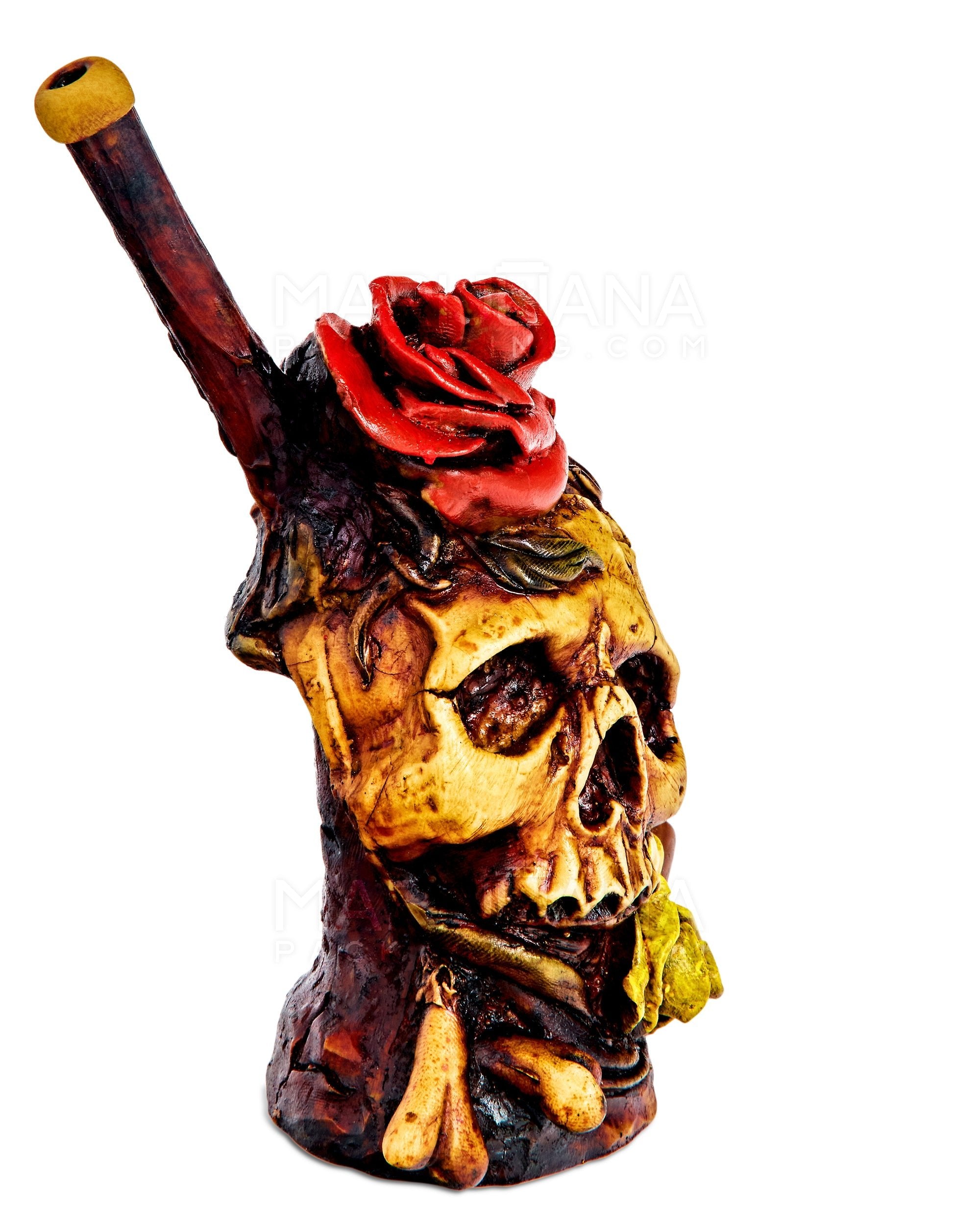 Rose Skull Wood Pipe | 6in Tall - Wood Bowl - Red & Brown - 4