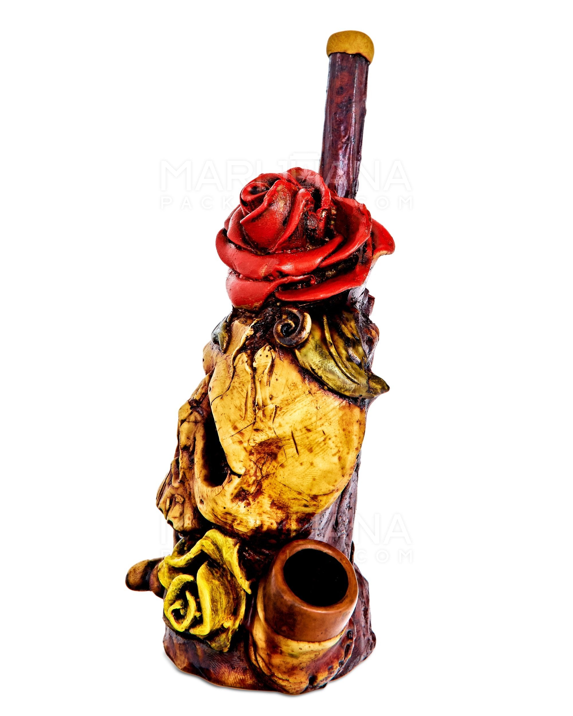Rose Skull Wood Pipe | 6in Tall - Wood Bowl - Red & Brown - 6