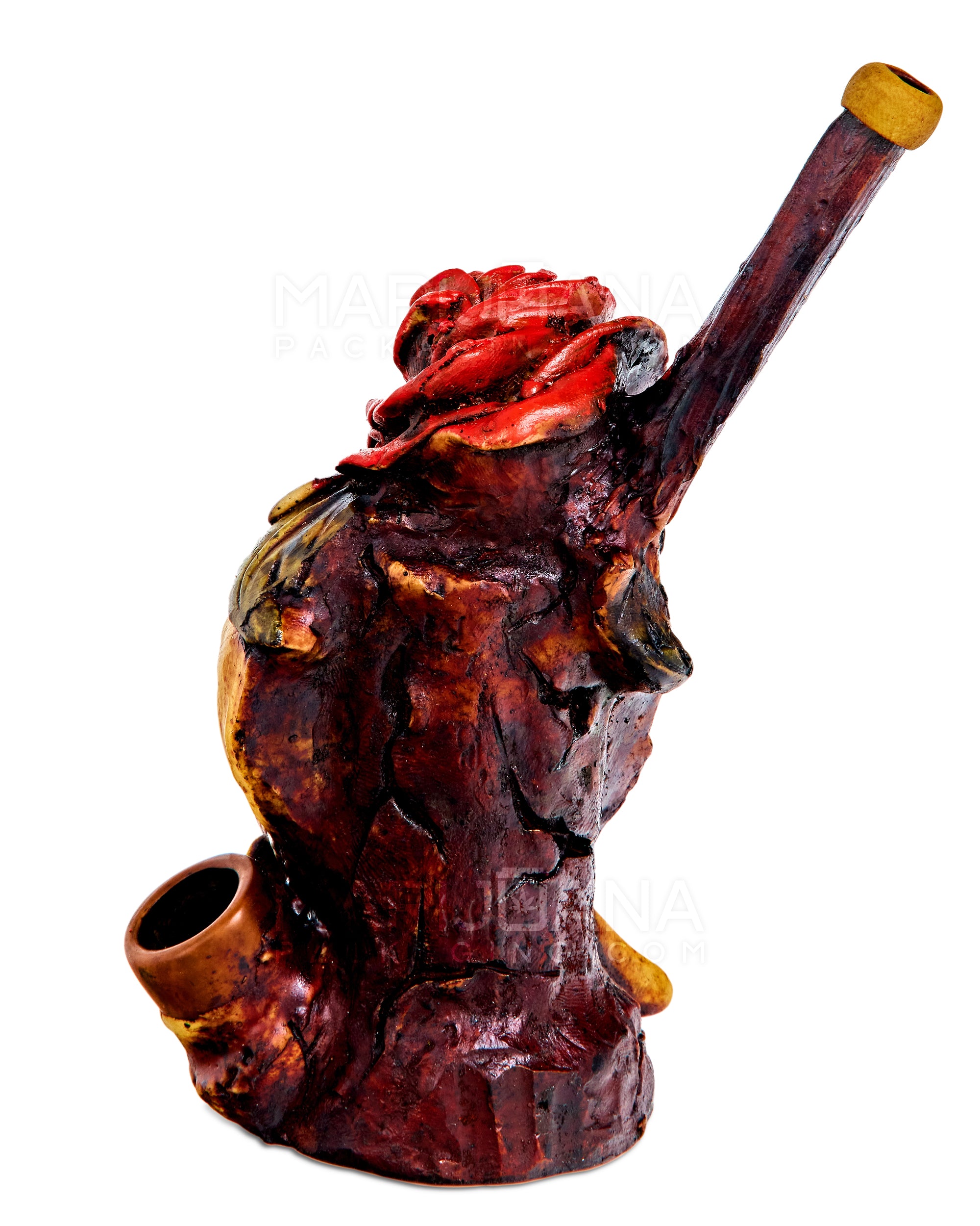 Rose Skull Wood Pipe | 6in Tall - Wood Bowl - Red & Brown - 7