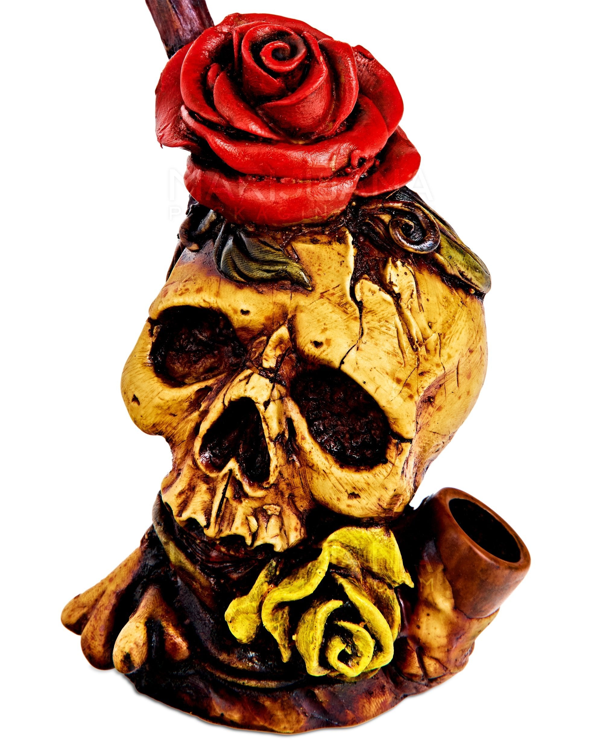 Rose Skull Wood Pipe | 6in Tall - Wood Bowl - Red & Brown - 3